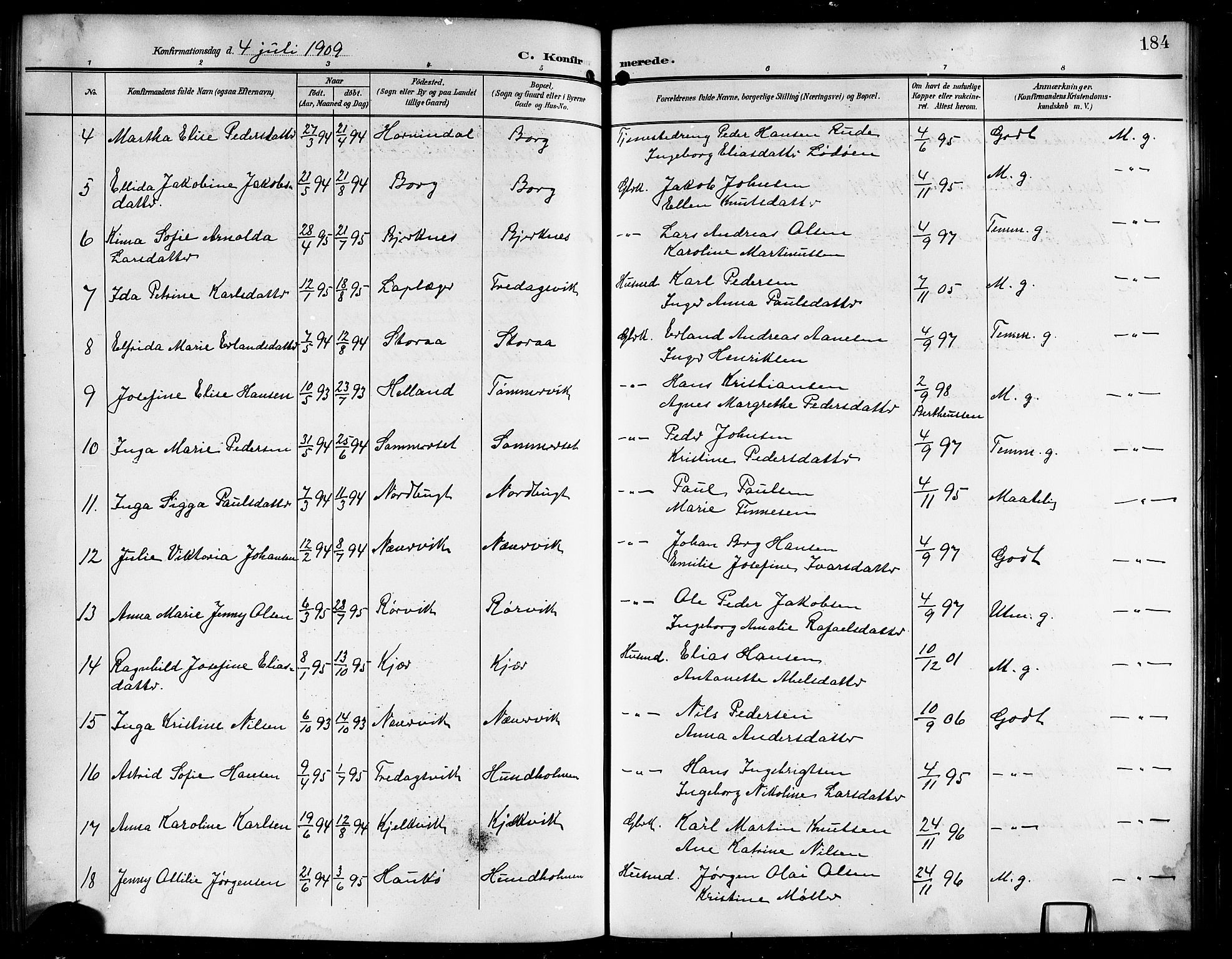 Ministerialprotokoller, klokkerbøker og fødselsregistre - Nordland, AV/SAT-A-1459/861/L0877: Klokkerbok nr. 861C03, 1903-1919, s. 184
