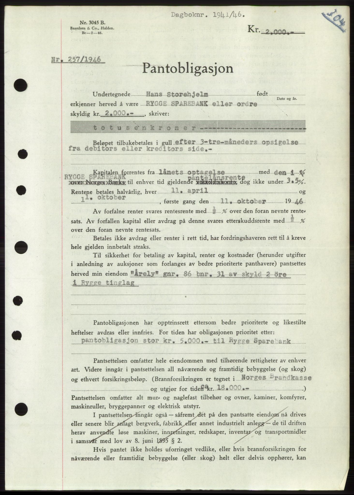 Moss sorenskriveri, SAO/A-10168: Pantebok nr. B15, 1946-1946, Dagboknr: 1941/1946