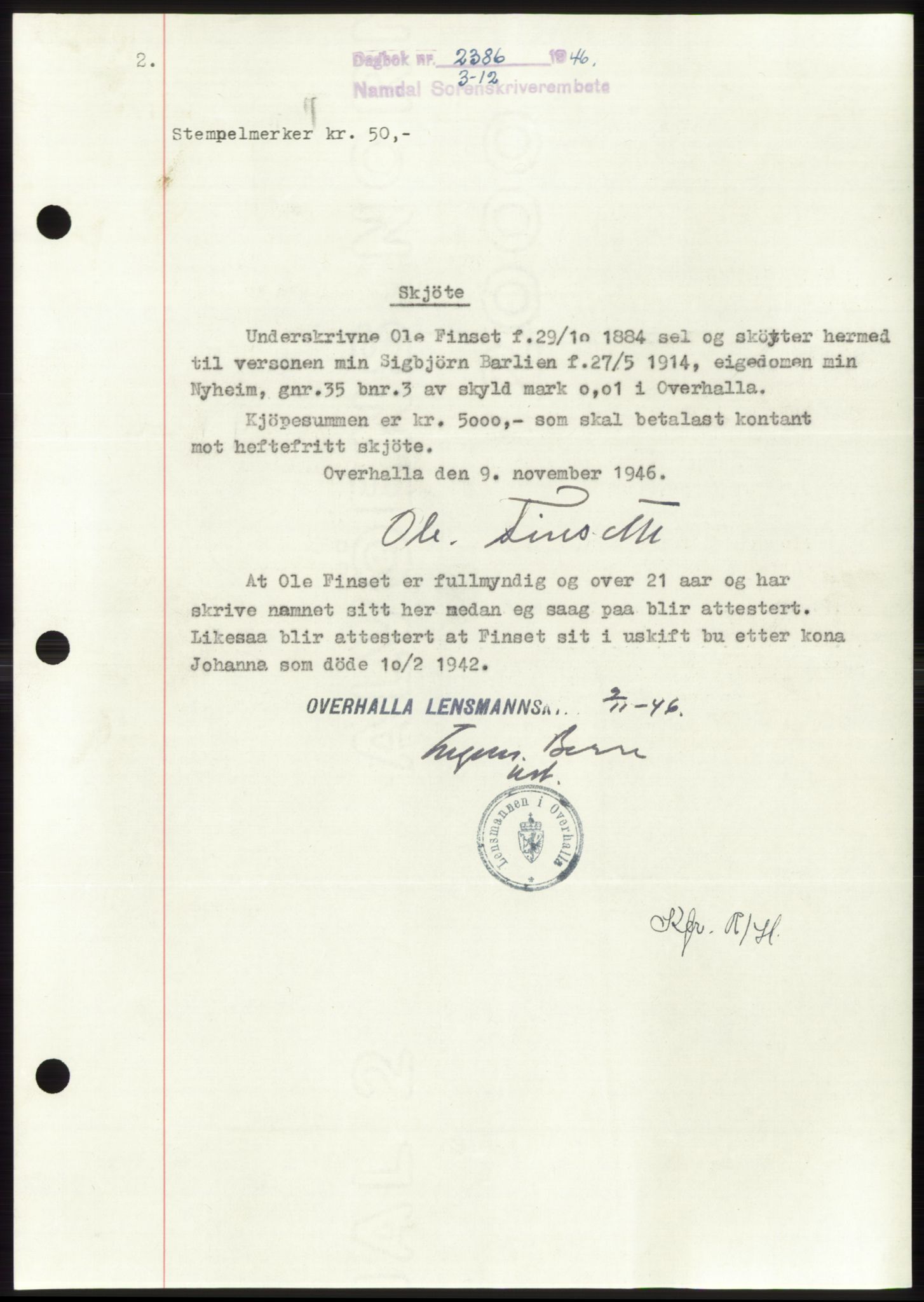 Namdal sorenskriveri, SAT/A-4133/1/2/2C: Pantebok nr. -, 1946-1947, Dagboknr: 2386/1946