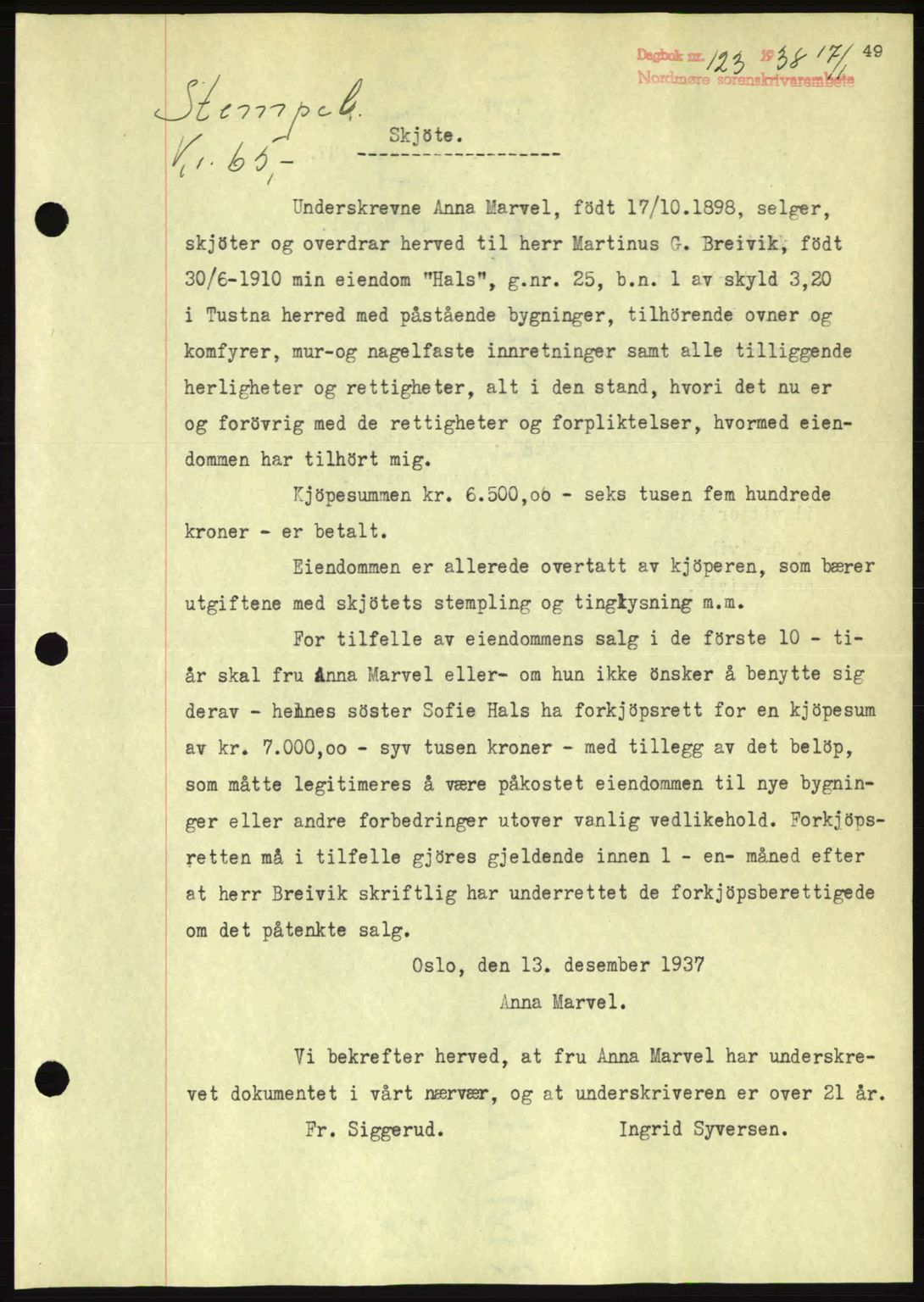 Nordmøre sorenskriveri, SAT/A-4132/1/2/2Ca: Pantebok nr. A83, 1938-1938, Dagboknr: 123/1938