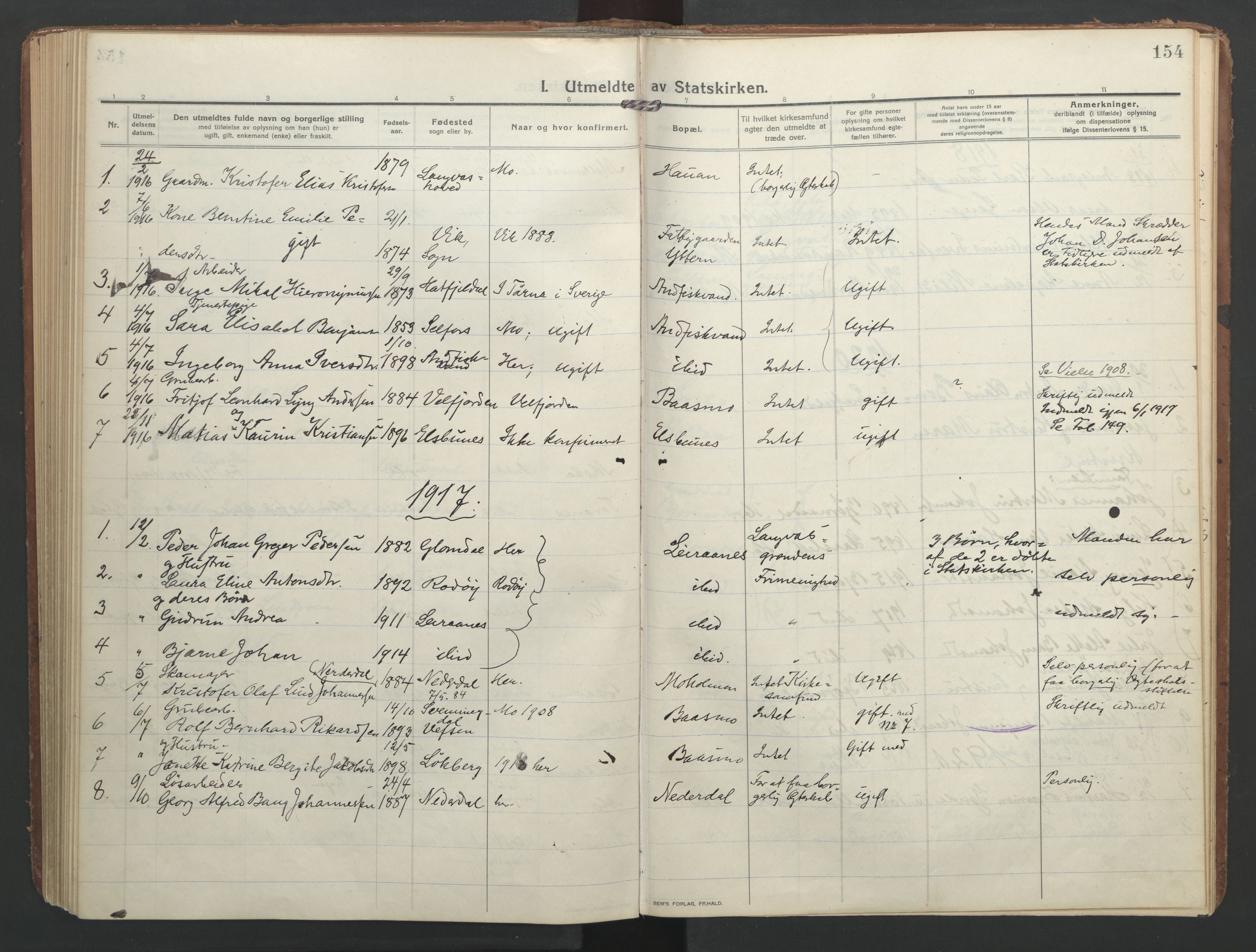 Ministerialprotokoller, klokkerbøker og fødselsregistre - Nordland, AV/SAT-A-1459/827/L0405: Ministerialbok nr. 827A17, 1912-1925, s. 154