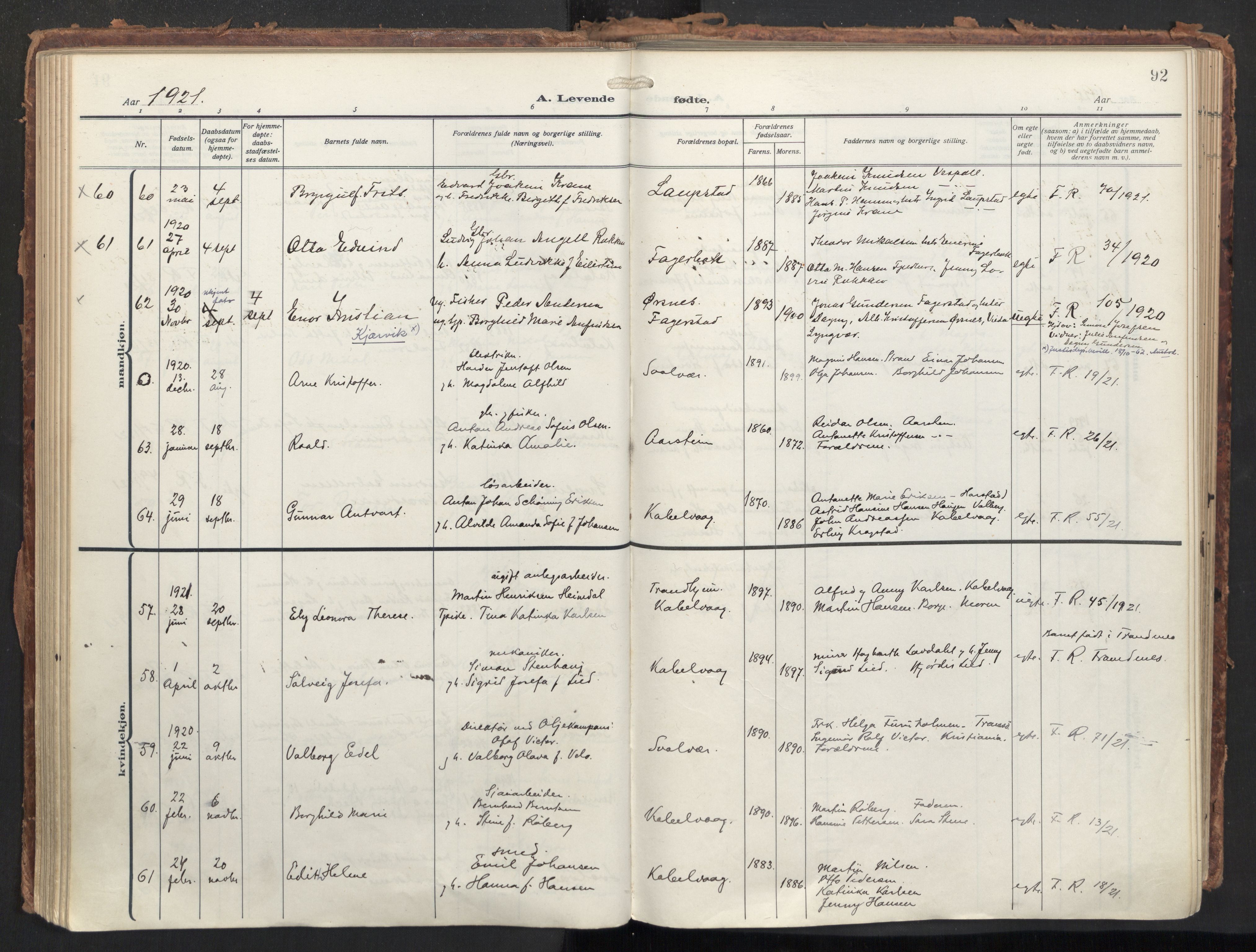 Ministerialprotokoller, klokkerbøker og fødselsregistre - Nordland, AV/SAT-A-1459/874/L1064: Ministerialbok nr. 874A08, 1915-1926, s. 92