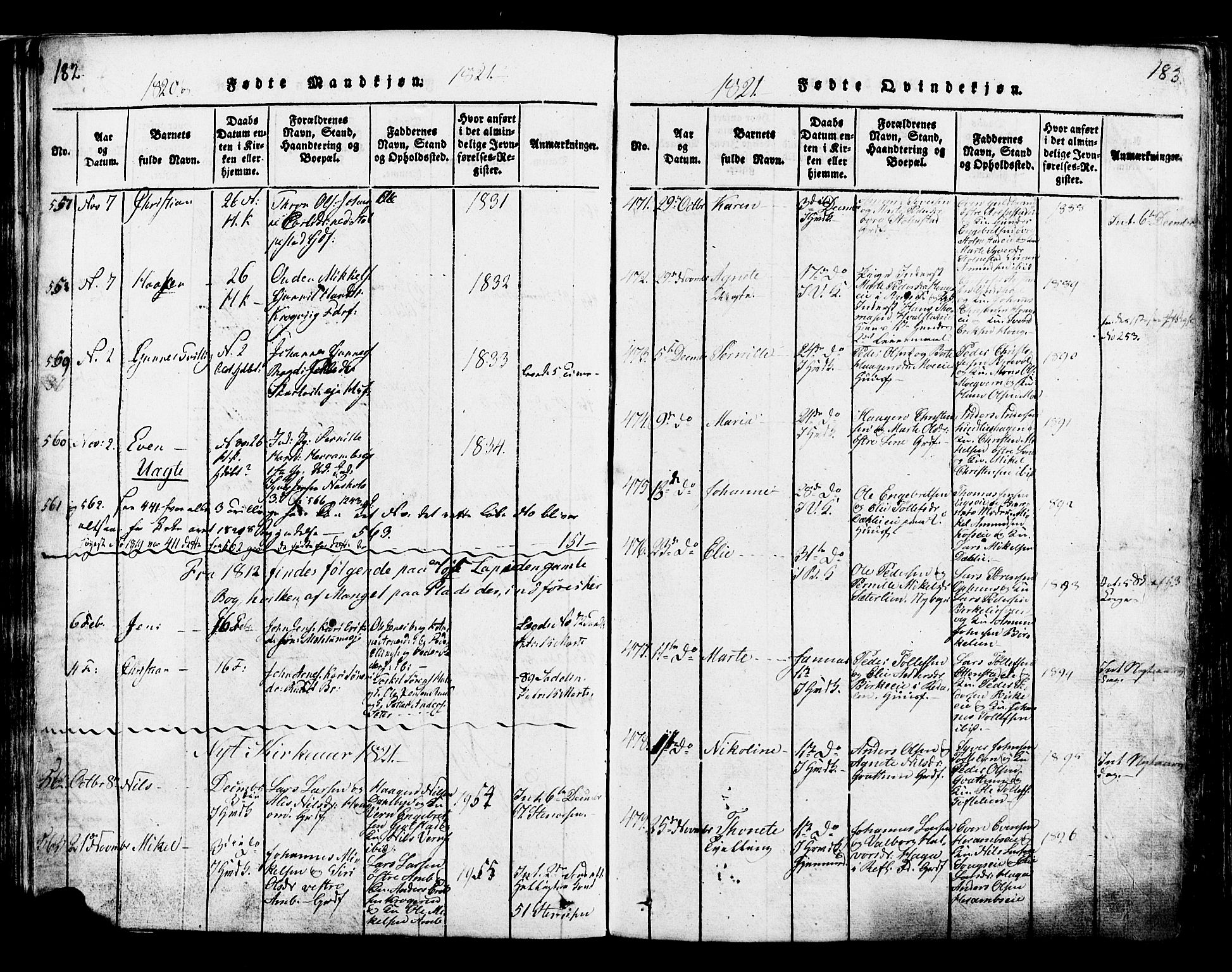 Ringsaker prestekontor, SAH/PREST-014/K/Ka/L0005: Ministerialbok nr. 5, 1814-1826, s. 182-183