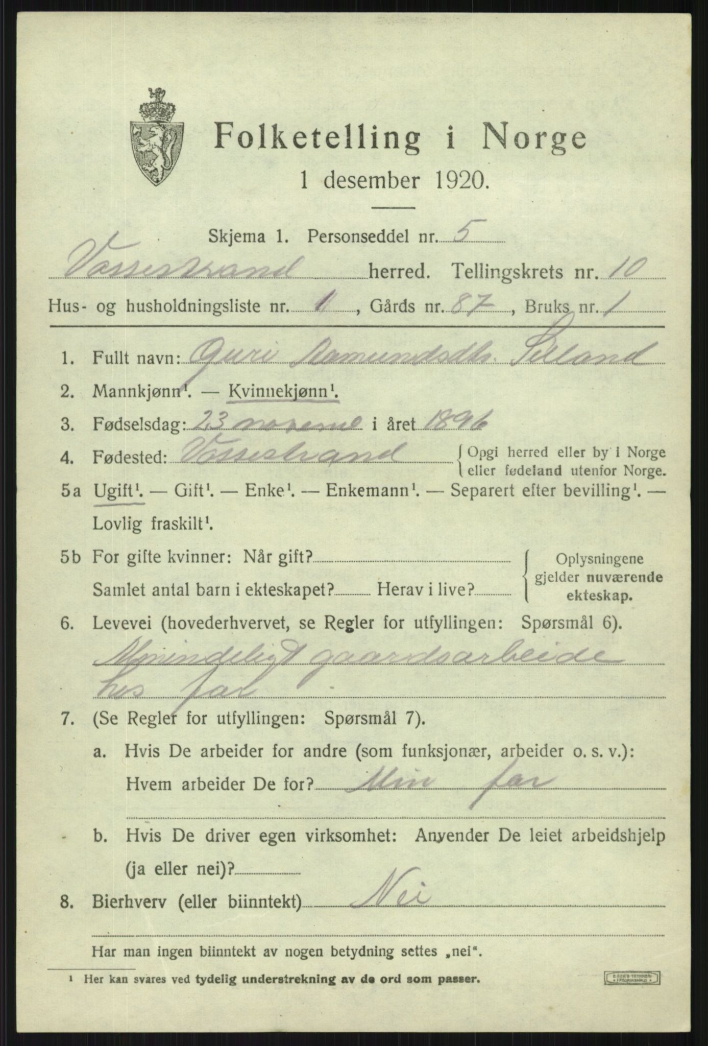 SAB, Folketelling 1920 for 1236 Vossestrand herred, 1920, s. 4234