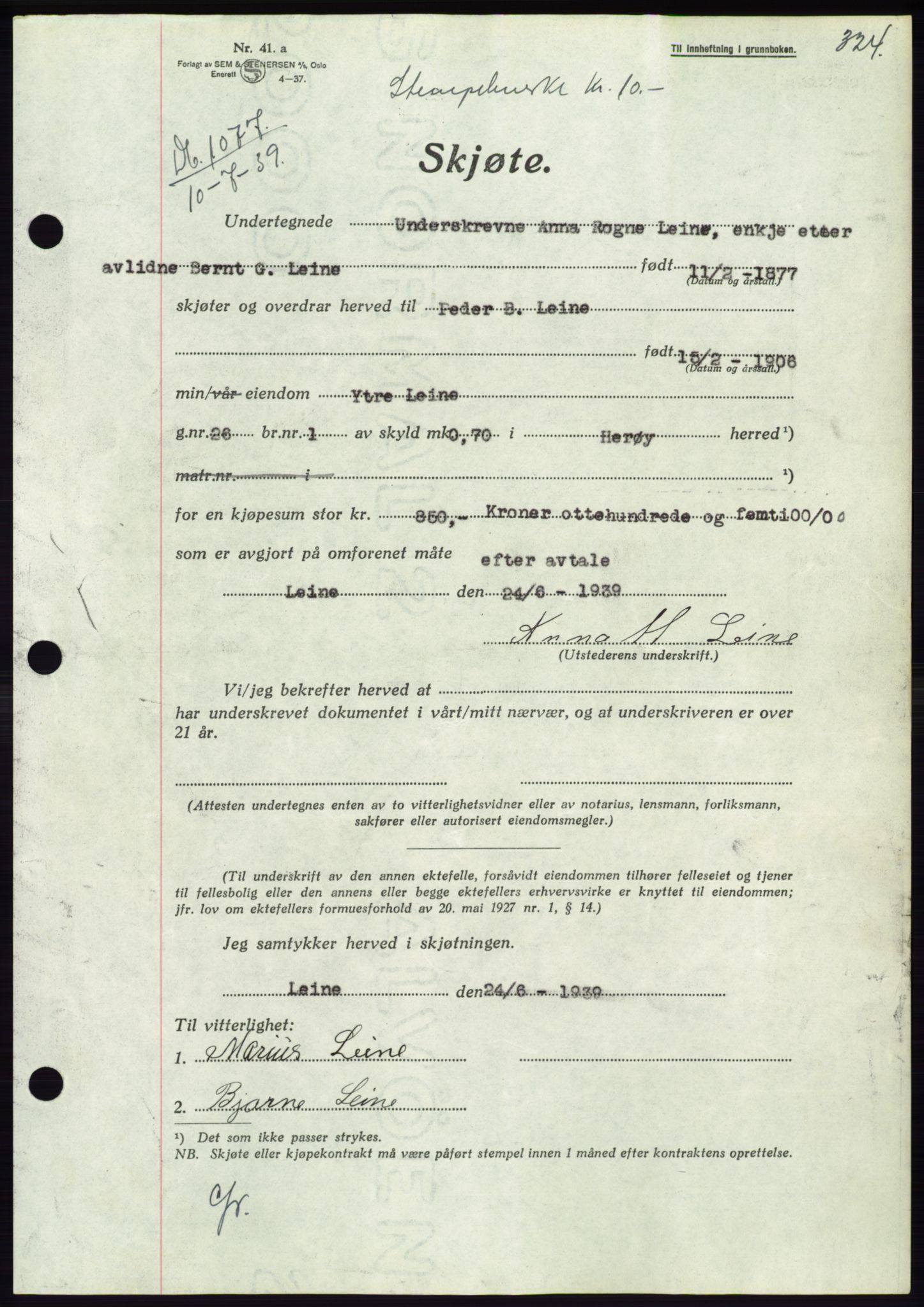 Søre Sunnmøre sorenskriveri, AV/SAT-A-4122/1/2/2C/L0068: Pantebok nr. 62, 1939-1939, Dagboknr: 1077/1939