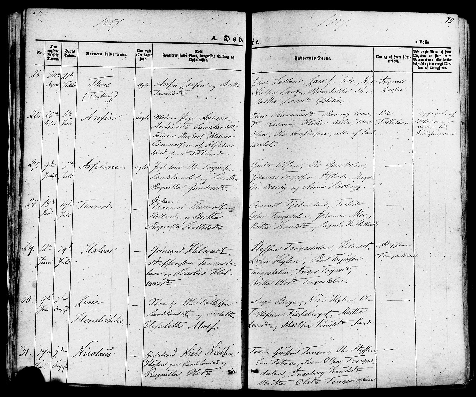 Sand sokneprestkontor, AV/SAST-A-101848/01/III/L0003: Ministerialbok nr. A 3, 1854-1879, s. 20