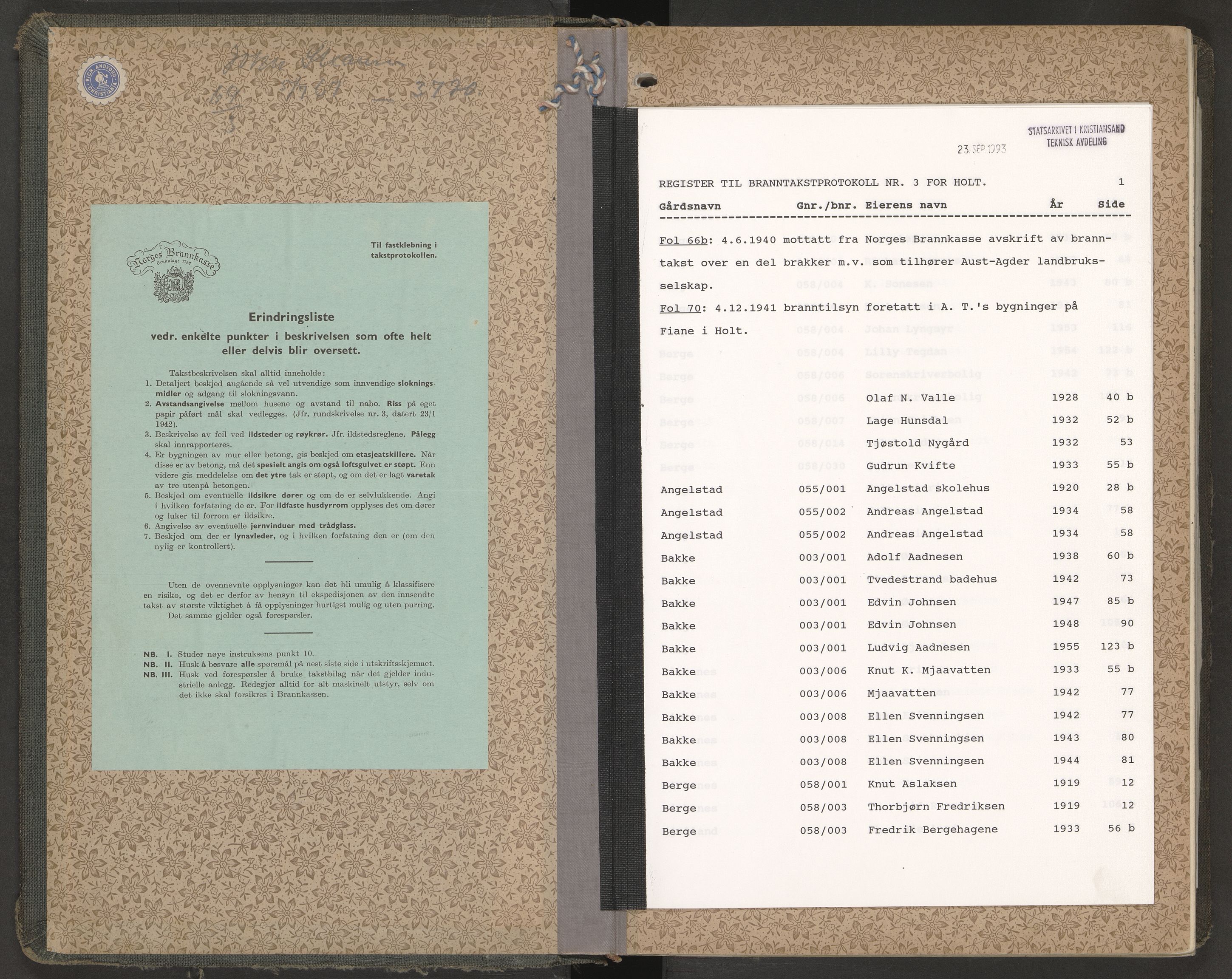 Norges Brannkasse Holt, AV/SAK-2241-0024/F/Fa/L0003: Branntakstprotokoll nr. 3 med gårdsnavnregister, 1919-1955