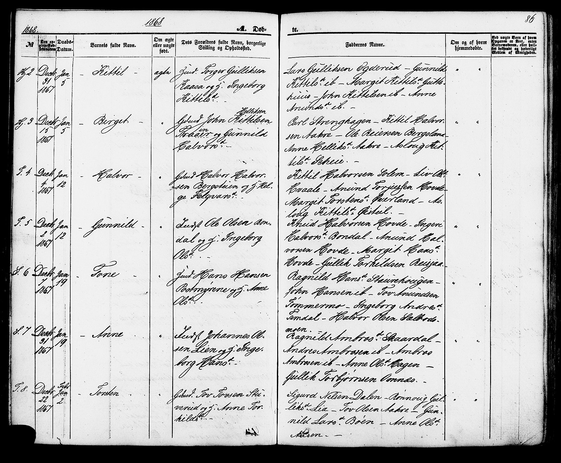 Hjartdal kirkebøker, AV/SAKO-A-270/F/Fa/L0009: Ministerialbok nr. I 9, 1860-1879, s. 86