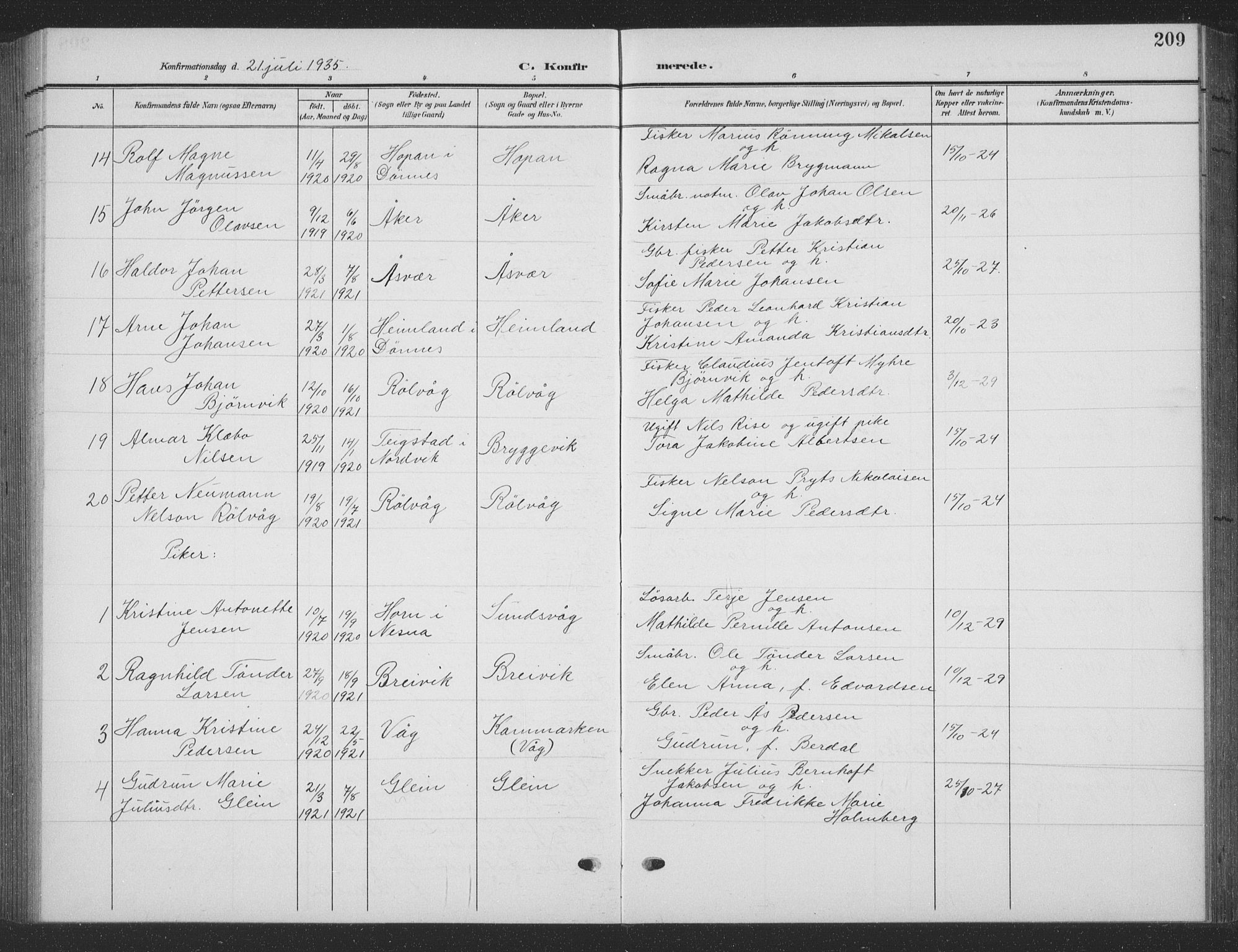 Ministerialprotokoller, klokkerbøker og fødselsregistre - Nordland, AV/SAT-A-1459/835/L0533: Klokkerbok nr. 835C05, 1906-1939, s. 209