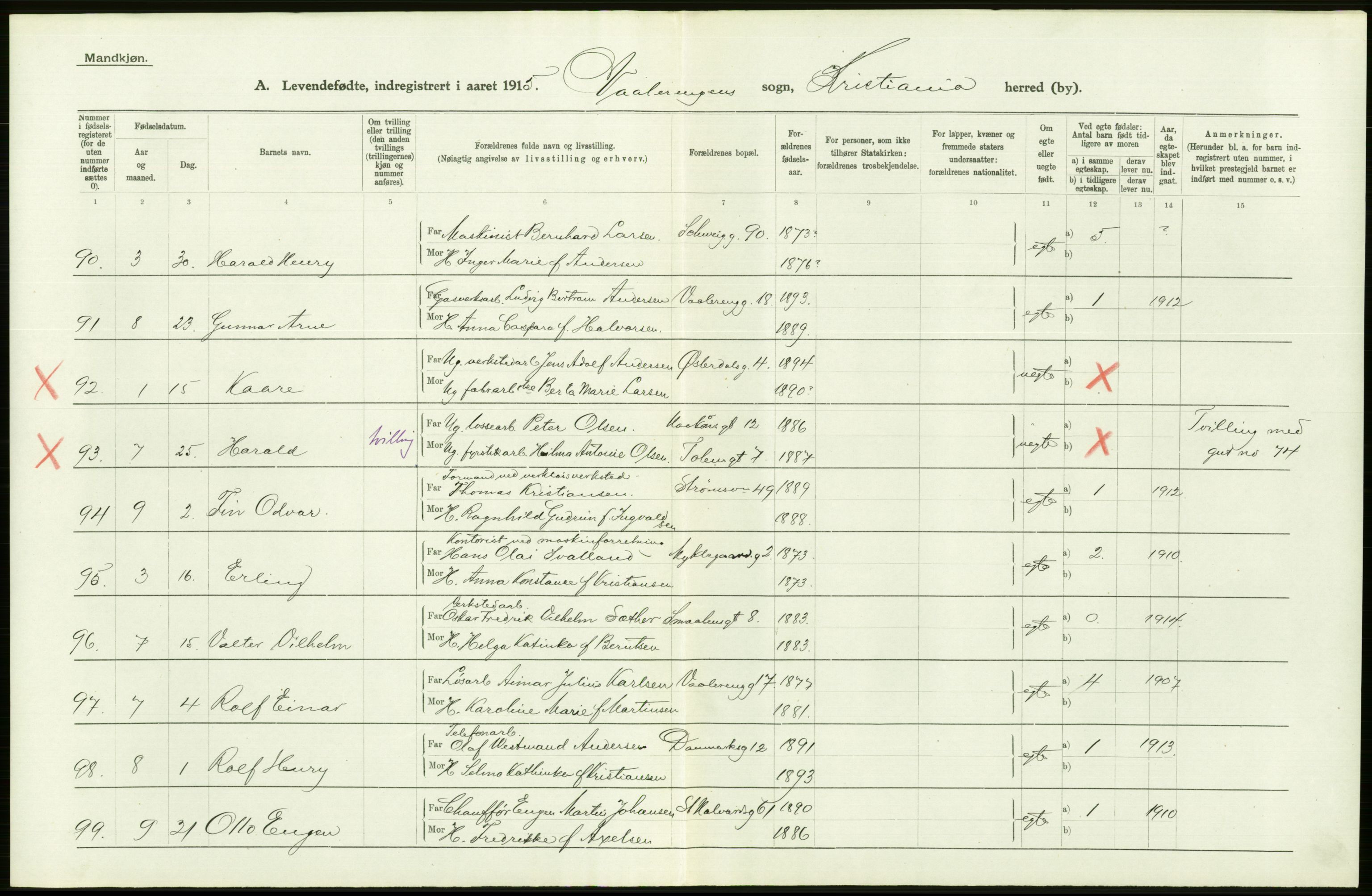 Statistisk sentralbyrå, Sosiodemografiske emner, Befolkning, RA/S-2228/D/Df/Dfb/Dfbe/L0006: Kristiania: Levendefødte menn og kvinner., 1915, s. 350