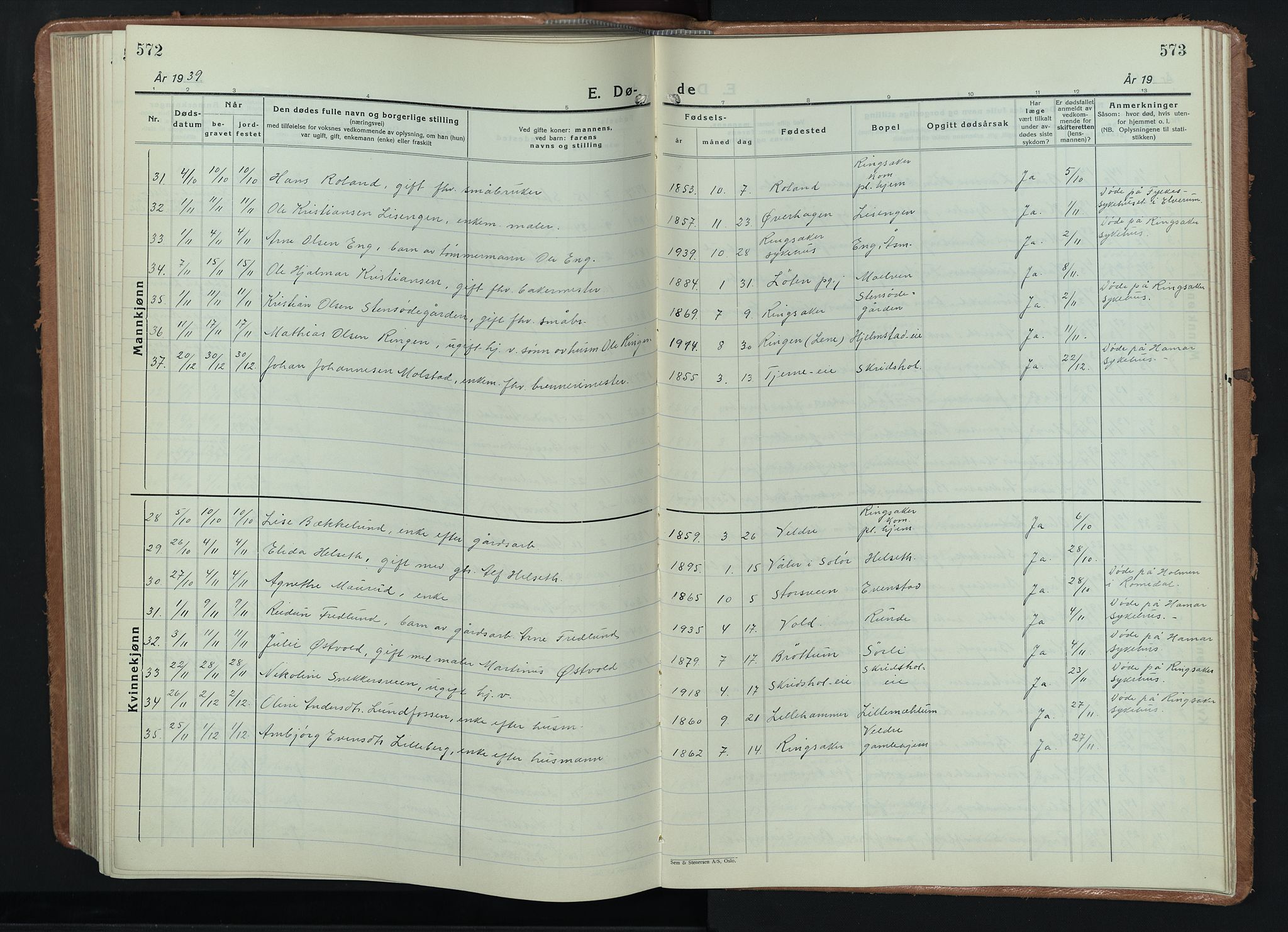 Ringsaker prestekontor, AV/SAH-PREST-014/L/La/L0020: Klokkerbok nr. 20, 1934-1946, s. 572-573