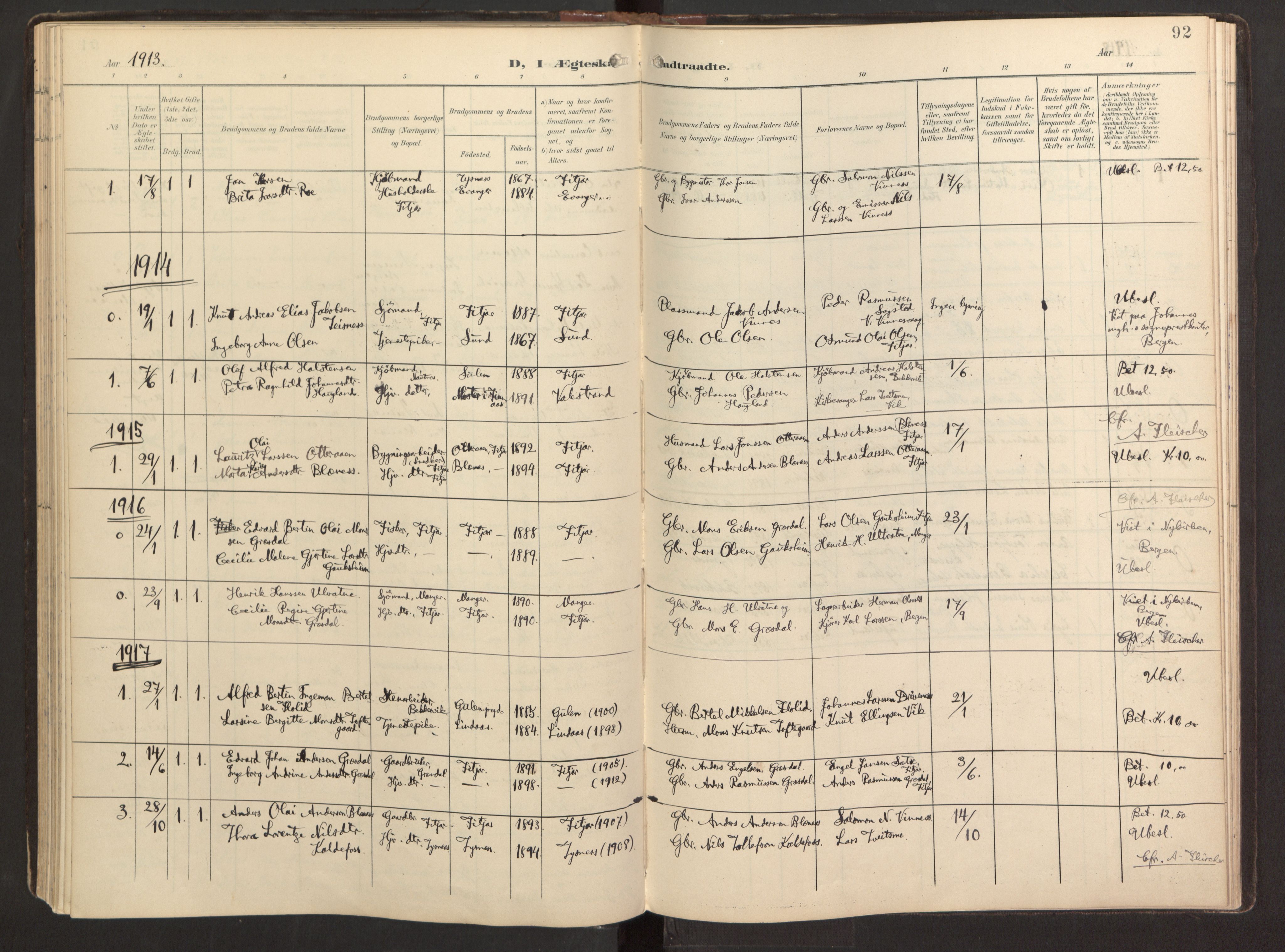 Fitjar sokneprestembete, AV/SAB-A-99926: Ministerialbok nr. B 1, 1900-1926, s. 92