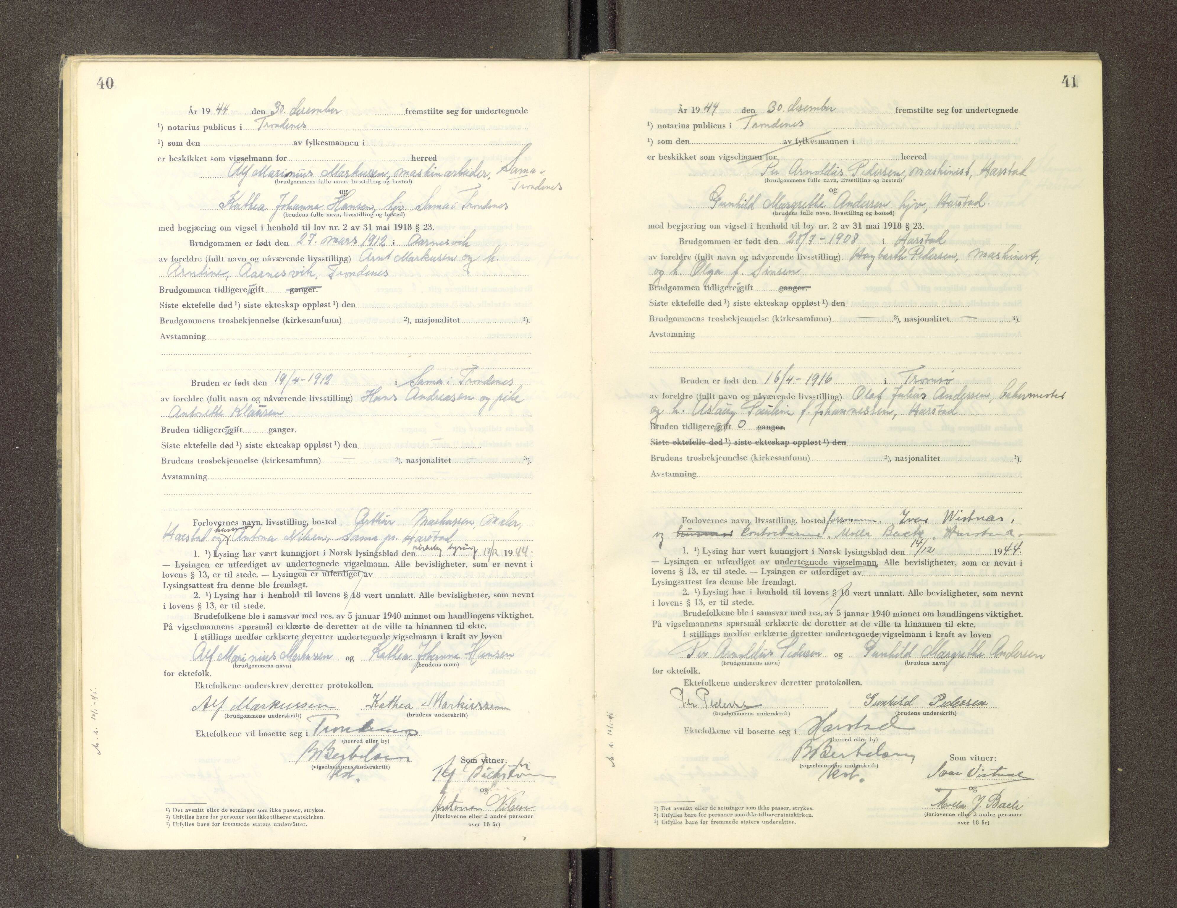 Trondenes sorenskriveri, AV/SATØ-S-0049/1/Lc/L0658: Vigselsprotokoller, 1944-1951, s. 40-41