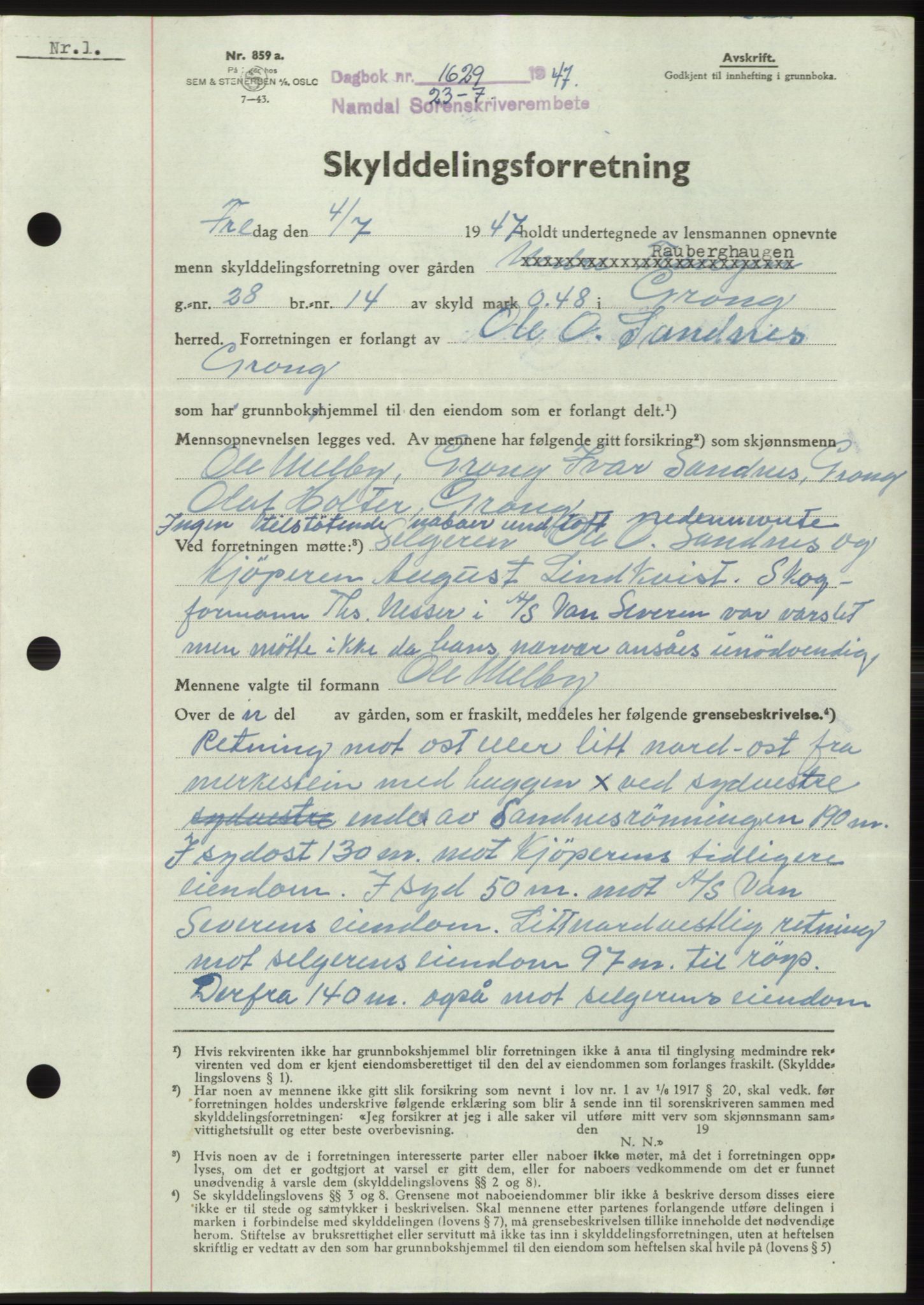 Namdal sorenskriveri, SAT/A-4133/1/2/2C: Pantebok nr. -, 1947-1947, Dagboknr: 1629/1947