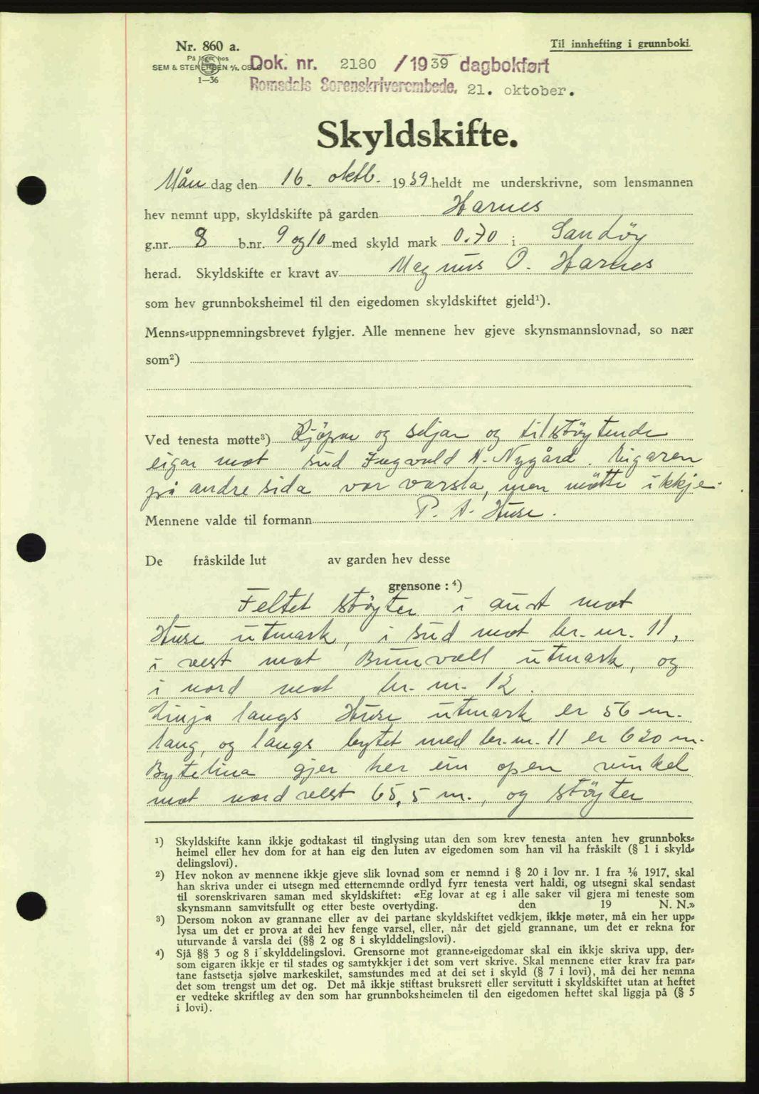 Romsdal sorenskriveri, AV/SAT-A-4149/1/2/2C: Pantebok nr. A7, 1939-1939, Dagboknr: 2180/1939