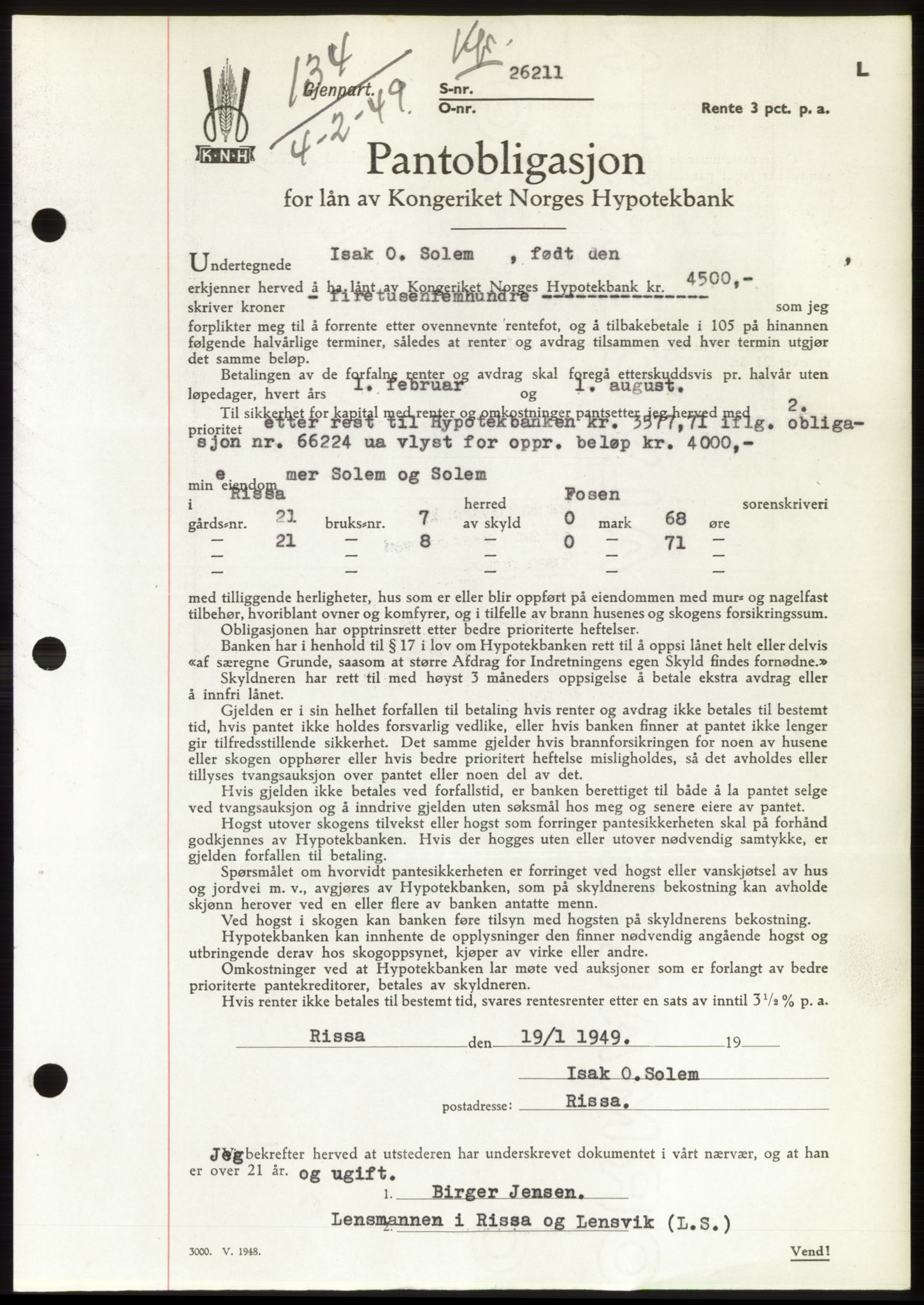 Fosen sorenskriveri, AV/SAT-A-1107/1/2/2C: Pantebok nr. B, 1948-1950, Dagboknr: 134/1949