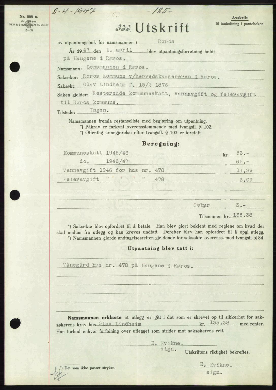 Gauldal sorenskriveri, SAT/A-0014/1/2/2C: Pantebok nr. A3, 1947-1947, Dagboknr: 333/1947