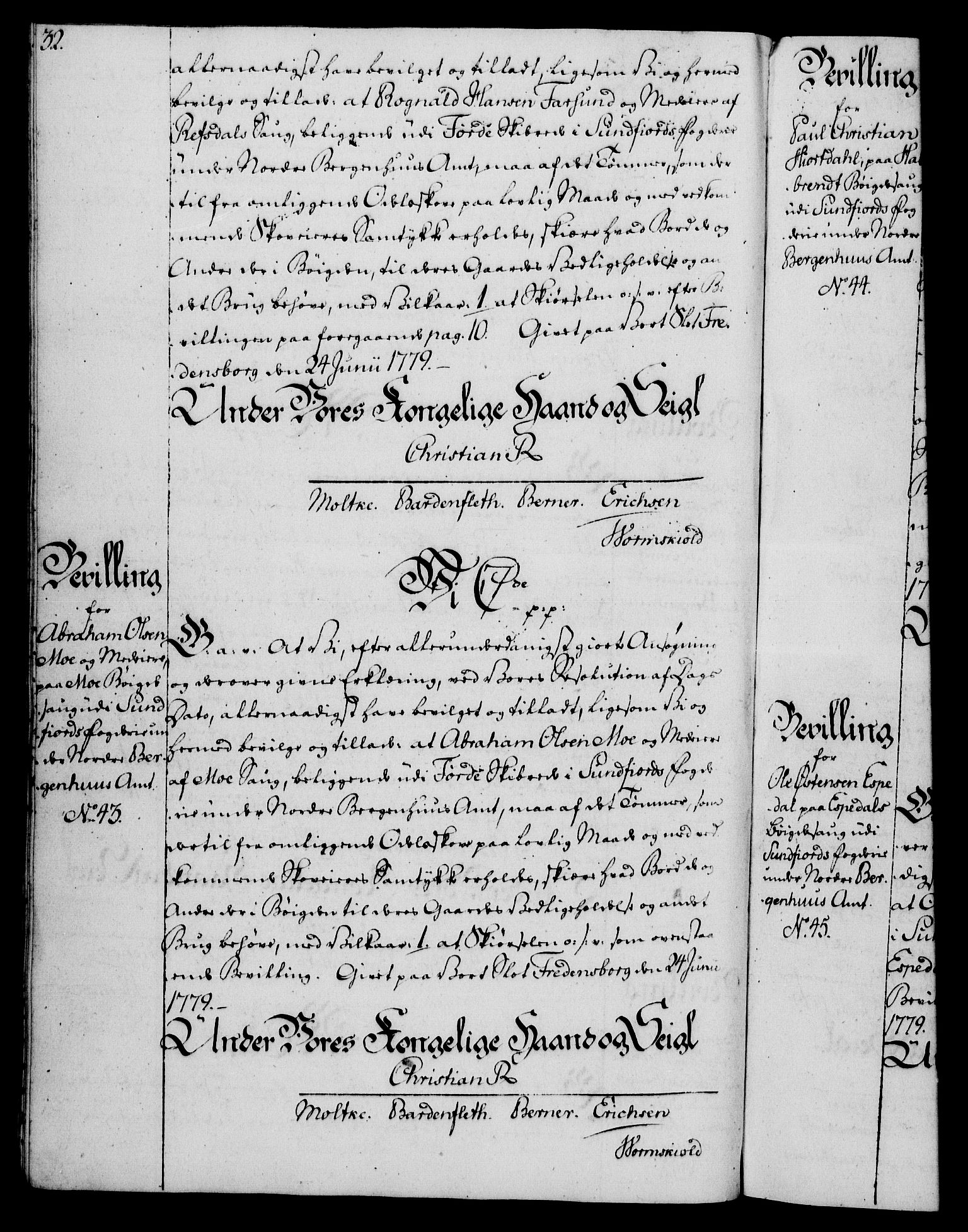 Rentekammeret, Kammerkanselliet, AV/RA-EA-3111/G/Gg/Gga/L0011: Norsk ekspedisjonsprotokoll med register (merket RK 53.11), 1779-1781, s. 32