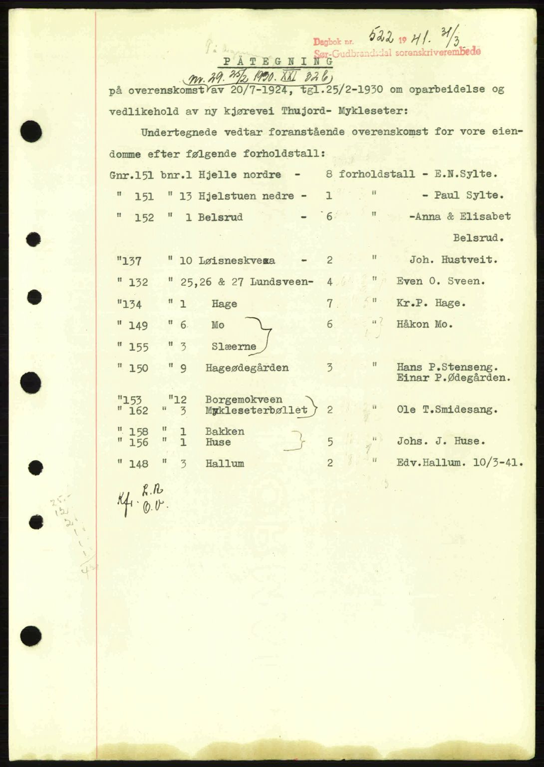 Sør-Gudbrandsdal tingrett, SAH/TING-004/H/Hb/Hbf/L0003: Pantebok nr. C5a, 1939-1946, Dagboknr: 522/1941