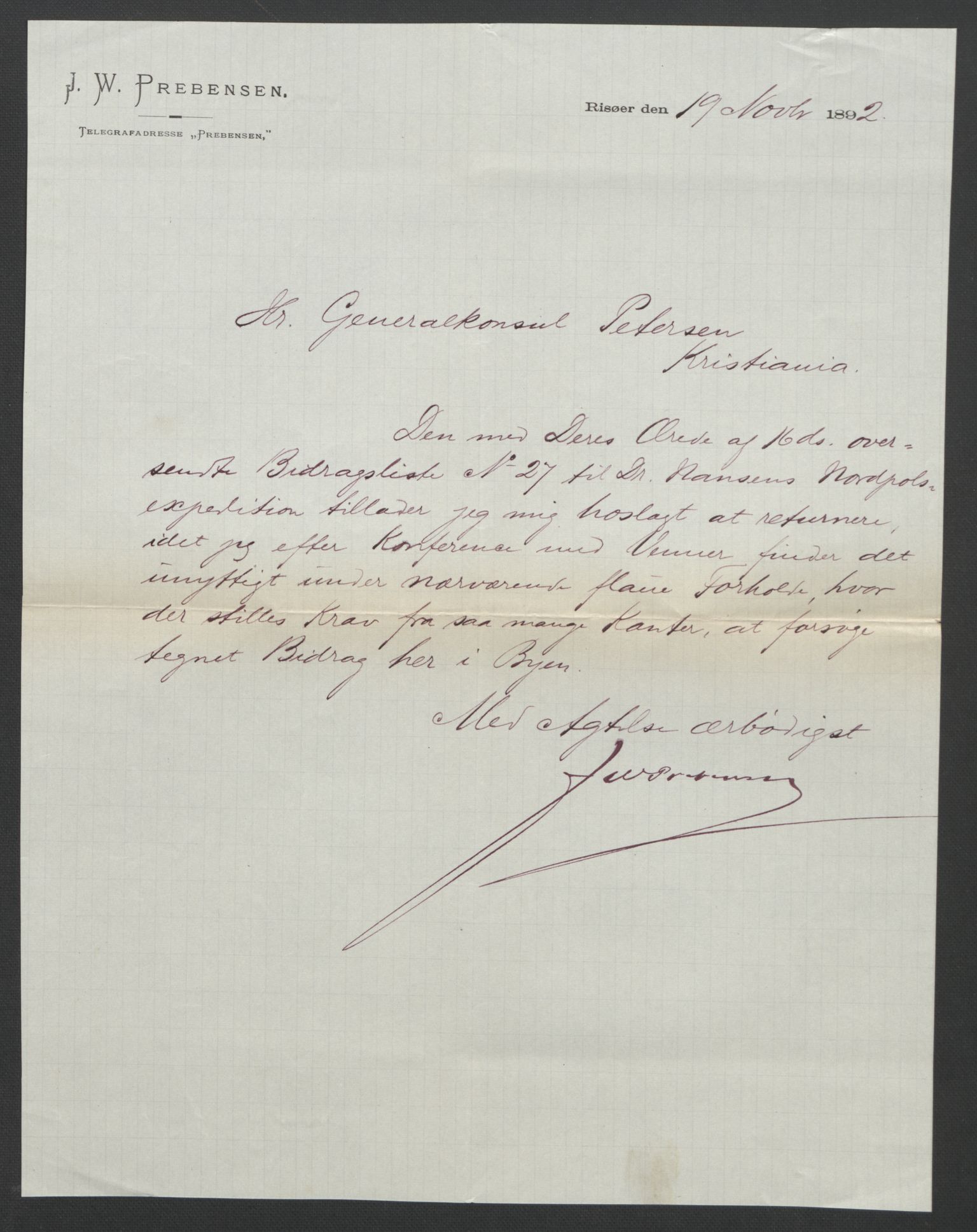 Arbeidskomitéen for Fridtjof Nansens polarekspedisjon, AV/RA-PA-0061/D/L0001/0003: Pengeinnsamlingen / Bidragslister med følgebrev, 1892-1893, s. 27