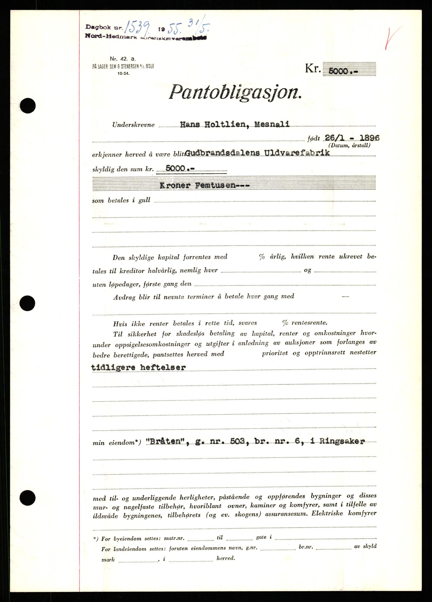 Nord-Hedmark sorenskriveri, SAH/TING-012/H/Hb/Hbf/L0032: Pantebok nr. B32, 1955-1955, Dagboknr: 1539/1952
