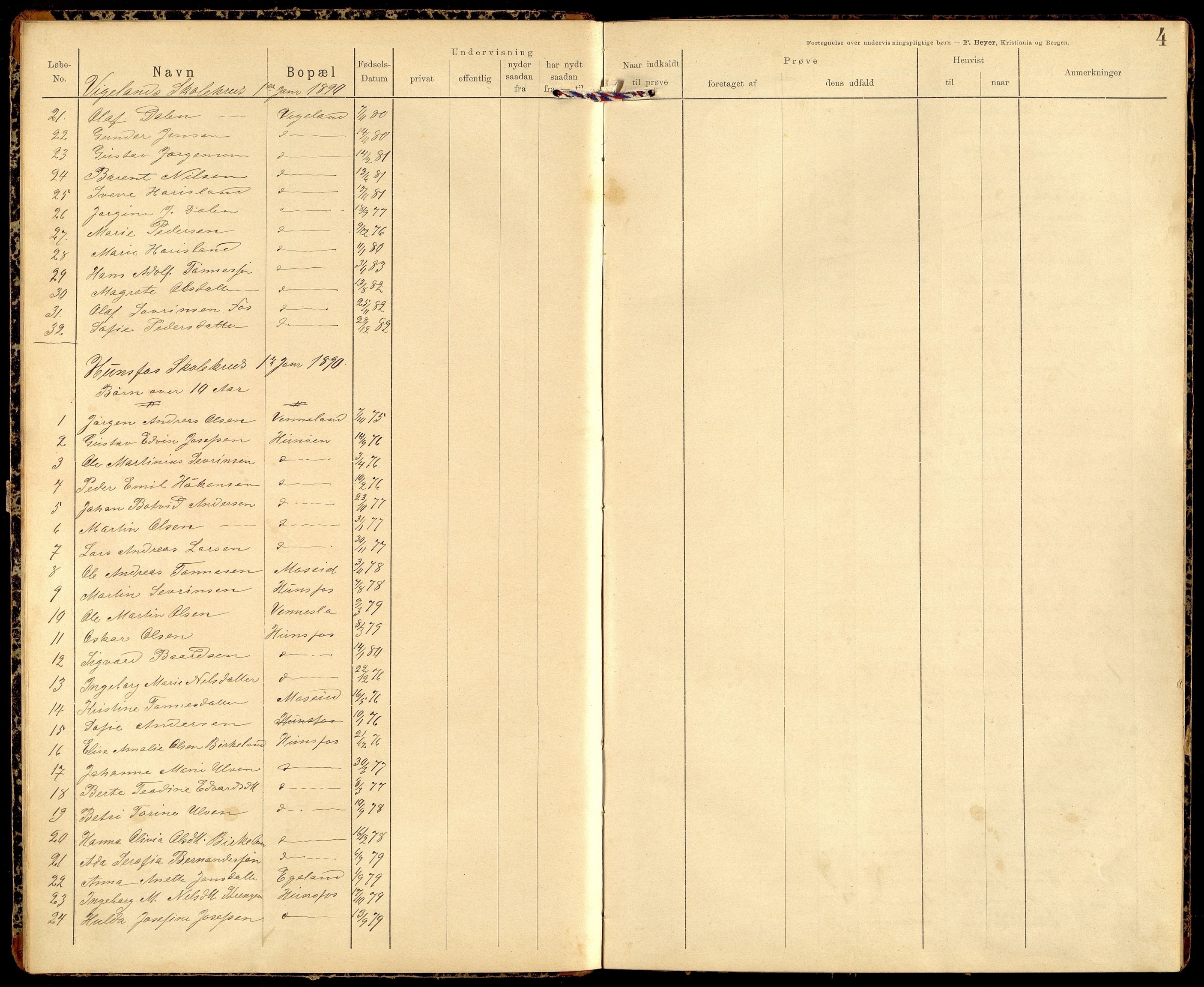 Vennesla kommune - Skolestyret, ARKSOR/1014VG510/H/L0001: Fortegnelse over undervisningsberettigede barn (d), 1890-1905