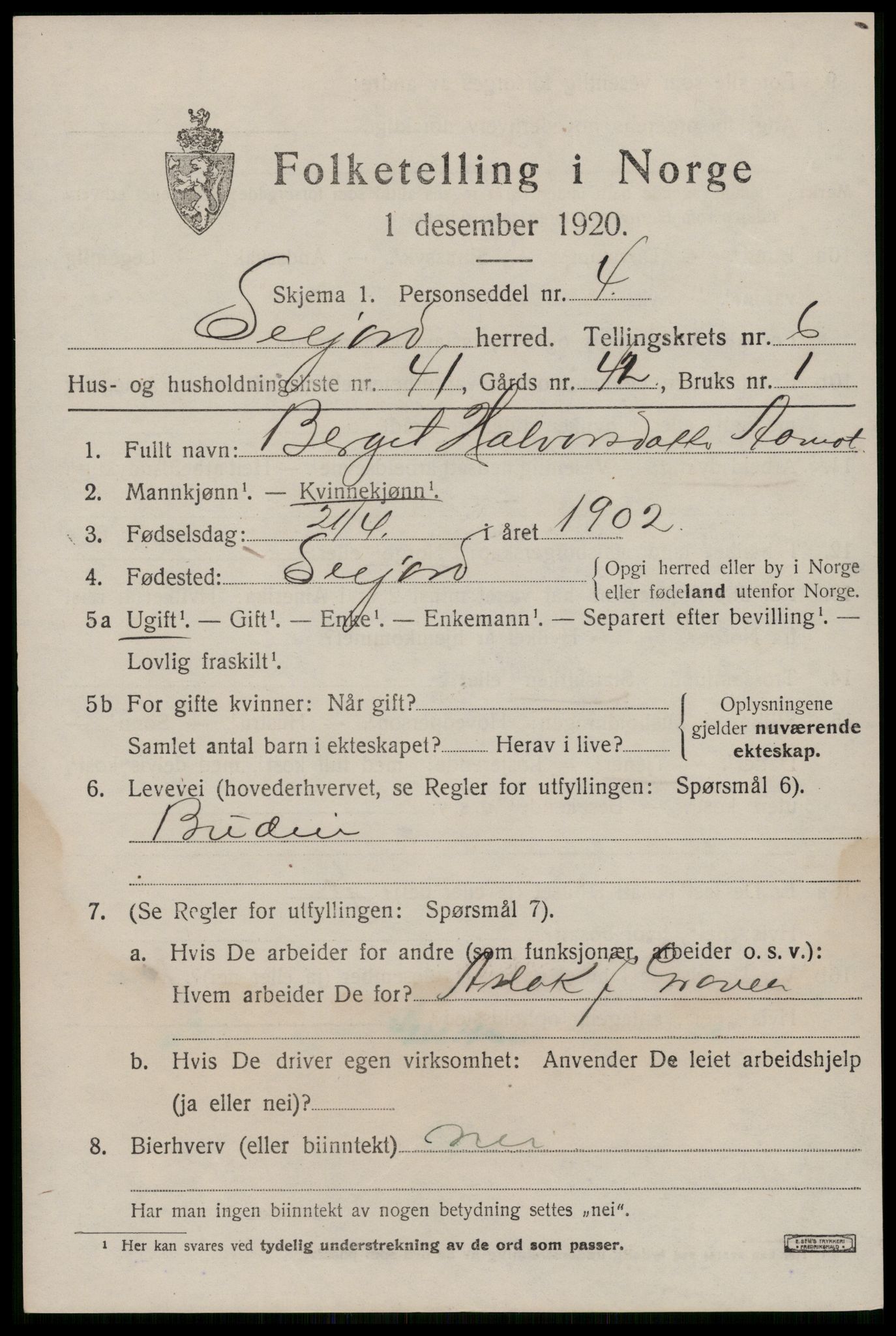 SAKO, Folketelling 1920 for 0828 Seljord herred, 1920, s. 3216