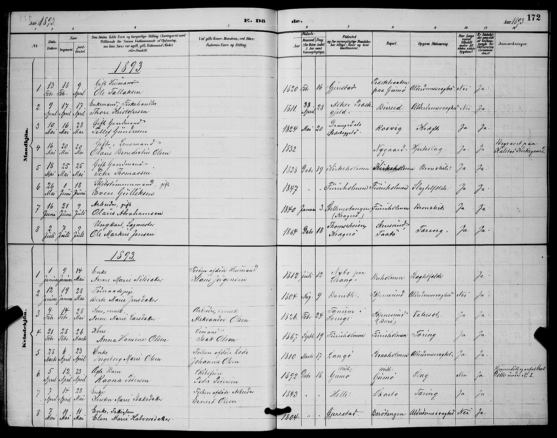 Skåtøy kirkebøker, AV/SAKO-A-304/G/Ga/L0003: Klokkerbok nr. I 3, 1884-1898, s. 172