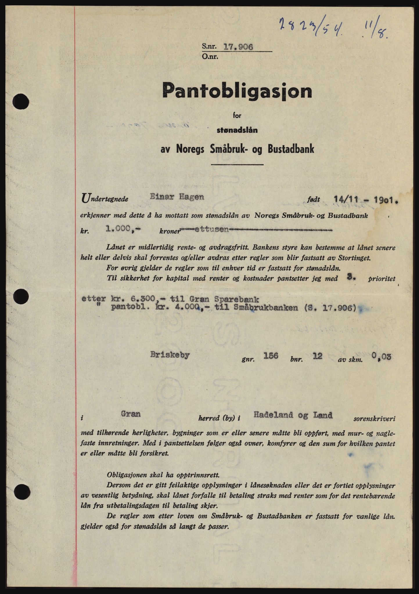 Hadeland og Land tingrett, SAH/TING-010/H/Hb/Hbc/L0030: Pantebok nr. B30, 1954-1954, Dagboknr: 2823/1954
