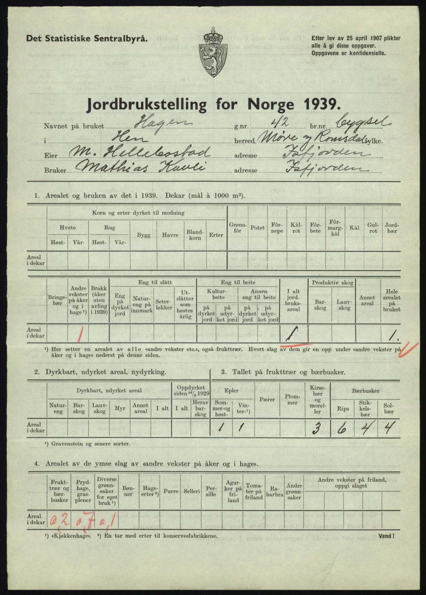 Statistisk sentralbyrå, Næringsøkonomiske emner, Jordbruk, skogbruk, jakt, fiske og fangst, AV/RA-S-2234/G/Gb/L0251: Møre og Romsdal: Voll, Eid, Grytten og Hen, 1939, s. 1053