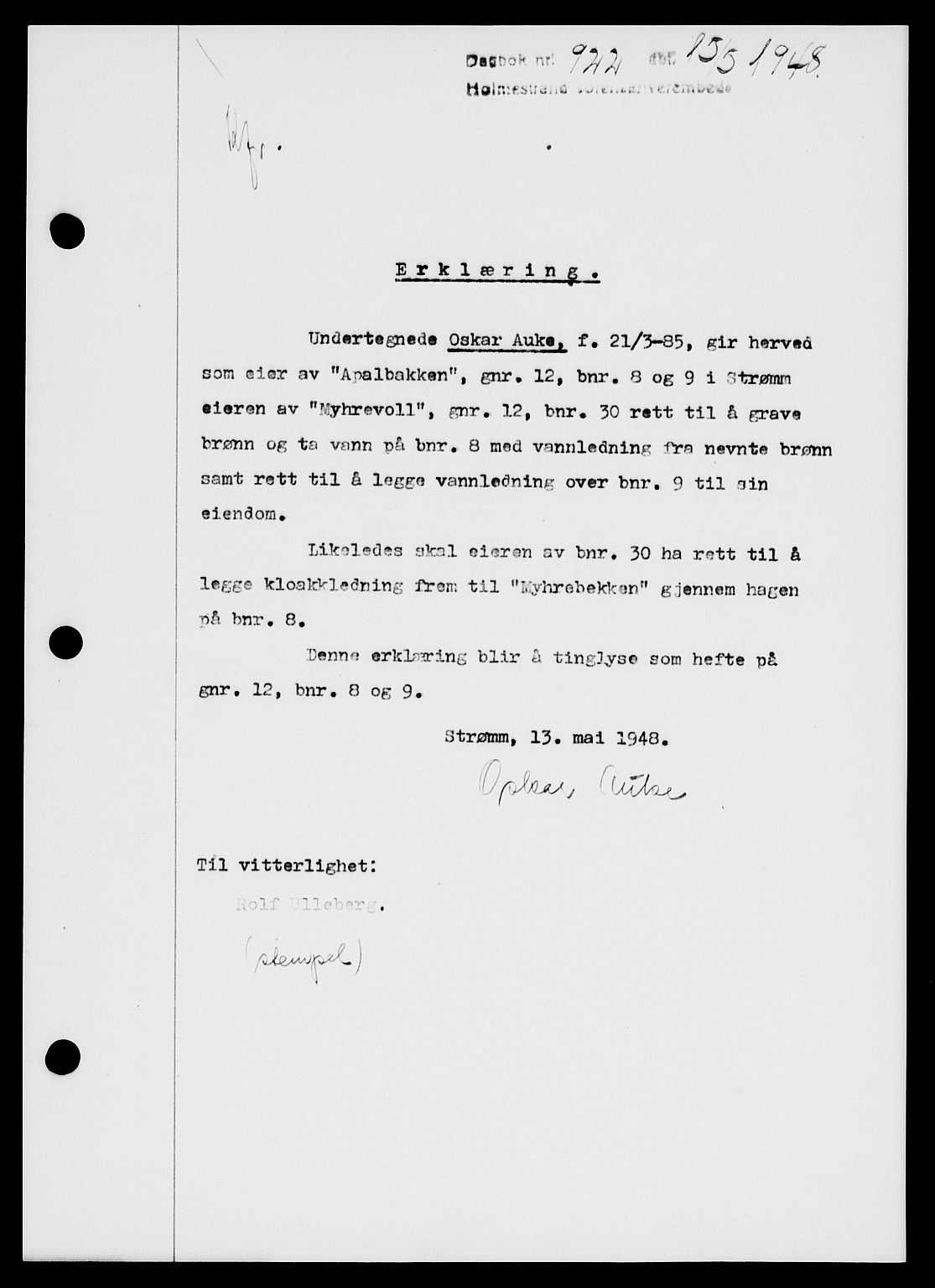 Holmestrand sorenskriveri, SAKO/A-67/G/Ga/Gaa/L0064: Pantebok nr. A-64, 1948-1948, Dagboknr: 922/1948