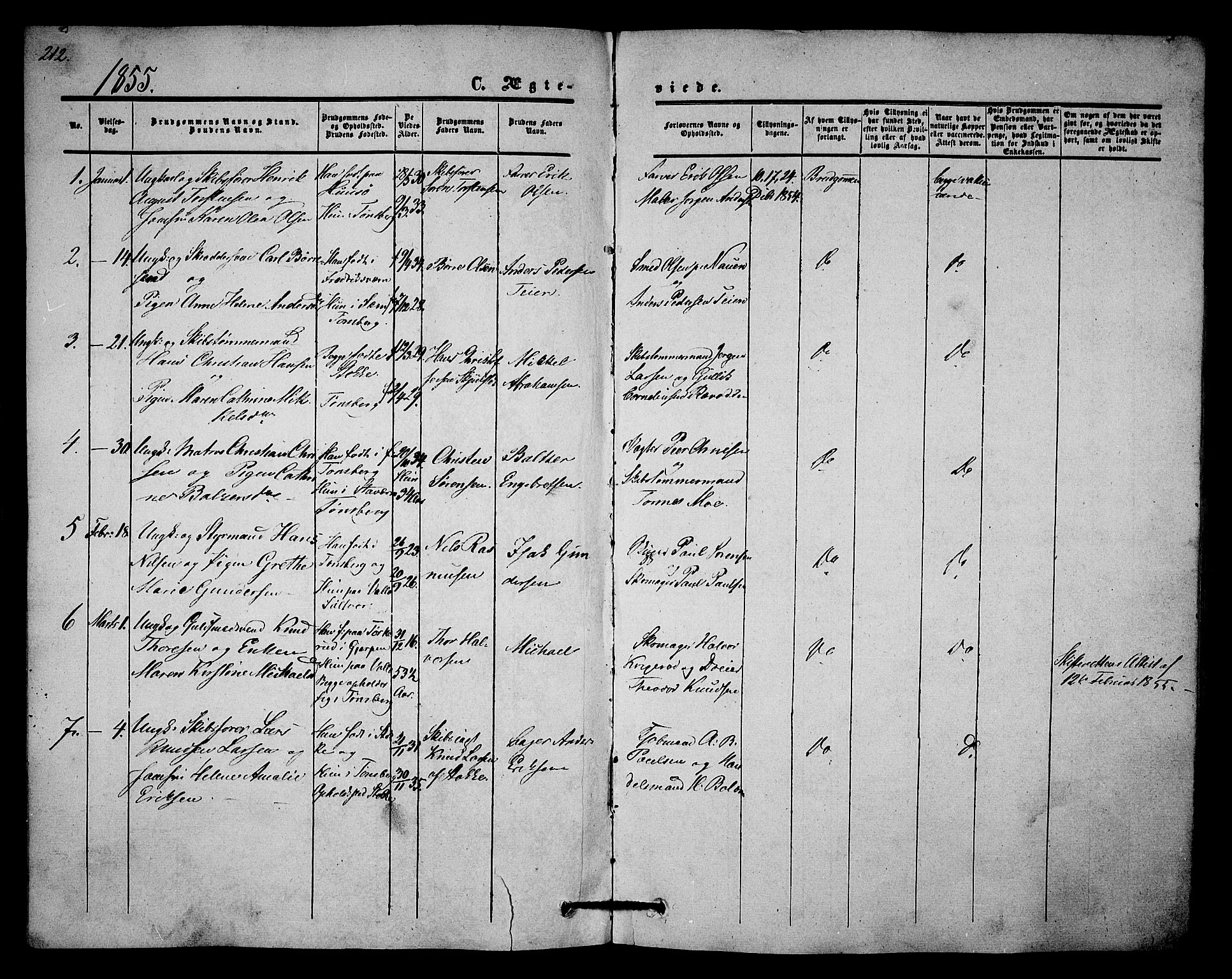 Tønsberg kirkebøker, AV/SAKO-A-330/G/Ga/L0003: Klokkerbok nr. 3, 1855-1864, s. 212