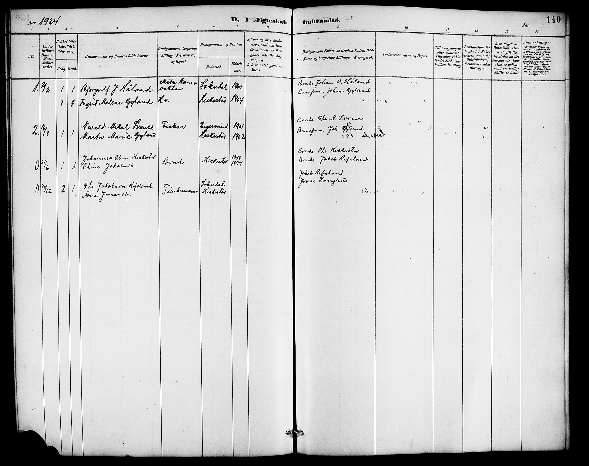 Lund sokneprestkontor, SAST/A-101809/S07/L0007: Klokkerbok nr. B 7, 1890-1925, s. 140