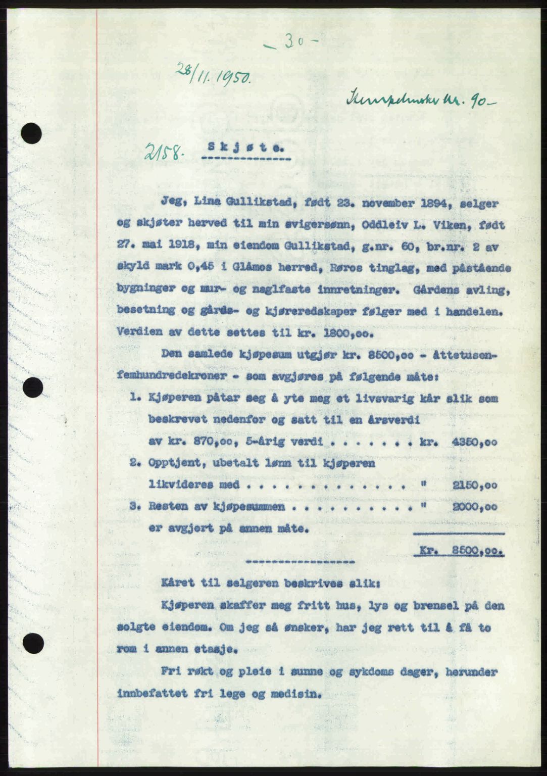 Gauldal sorenskriveri, SAT/A-0014/1/2/2C: Pantebok nr. A11, 1950-1950, Dagboknr: 2158/1950