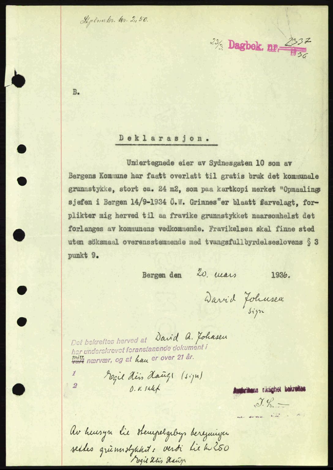 Byfogd og Byskriver i Bergen, AV/SAB-A-3401/03/03Bc/L0001: Pantebok nr. A1, 1936-1936, Dagboknr: 2337/1936
