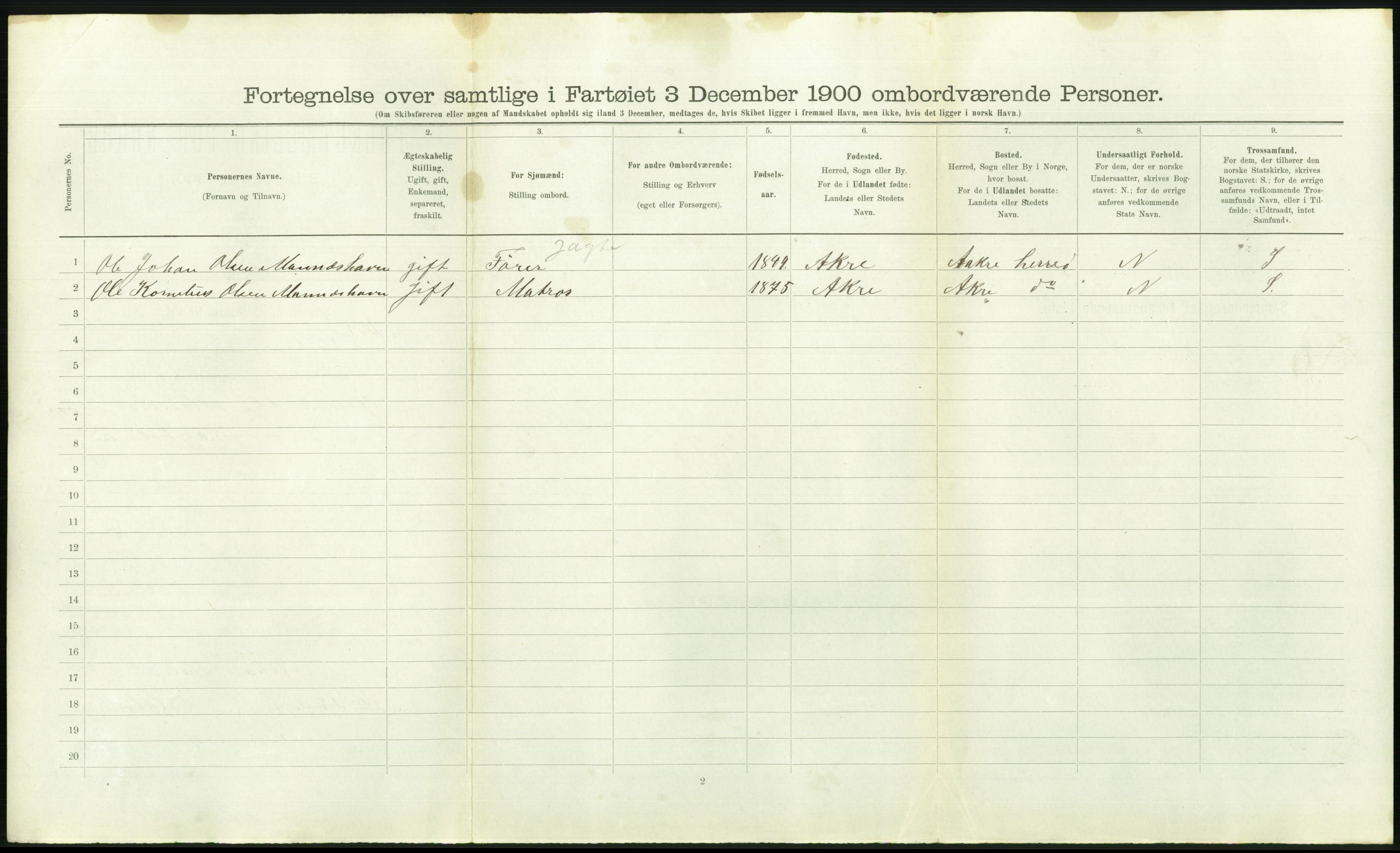 RA, Folketelling 1900 - skipslister med personlister for skip i norske havner, utenlandske havner og til havs, 1900, s. 1078