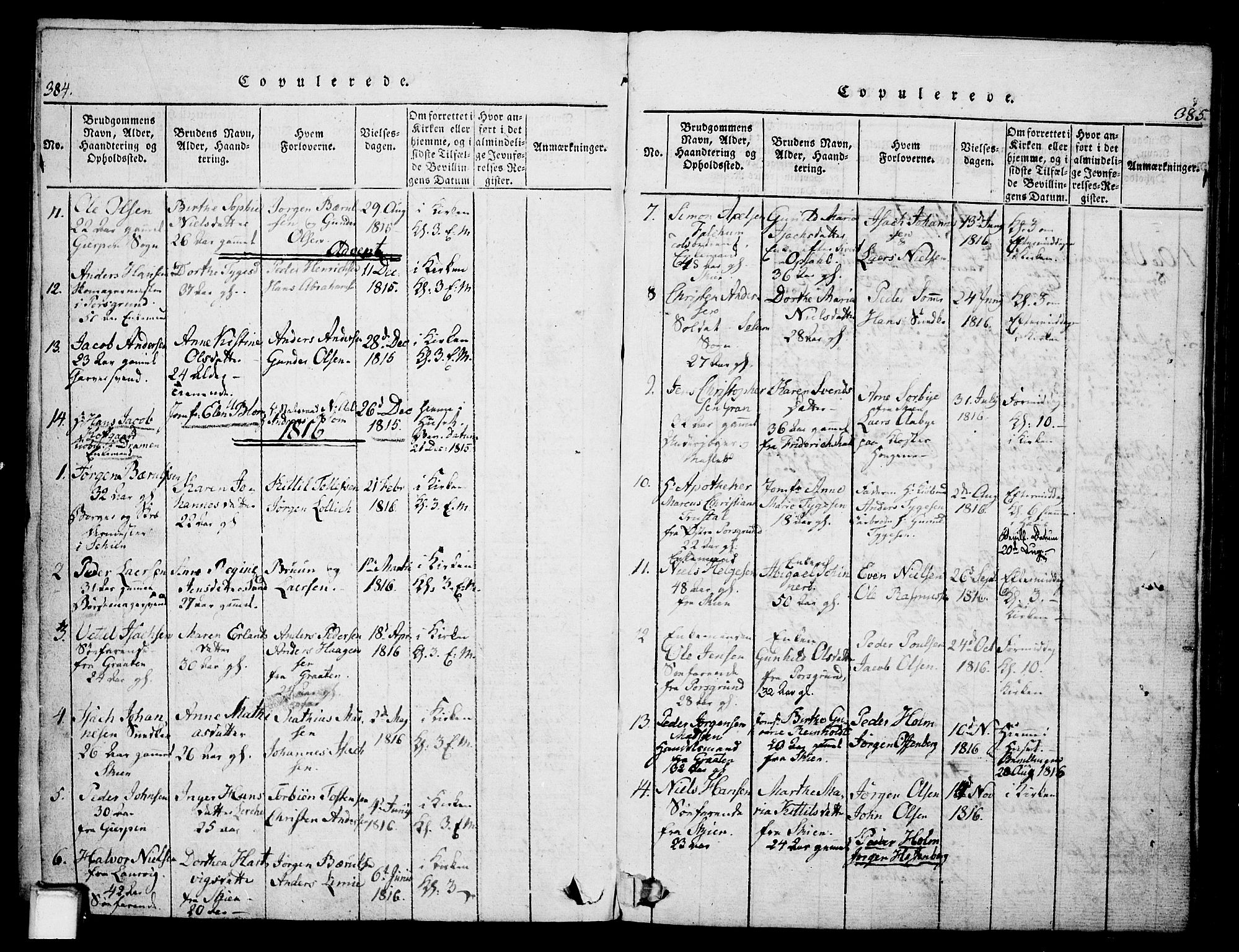 Skien kirkebøker, AV/SAKO-A-302/G/Ga/L0002: Klokkerbok nr. 2, 1814-1842, s. 384-385