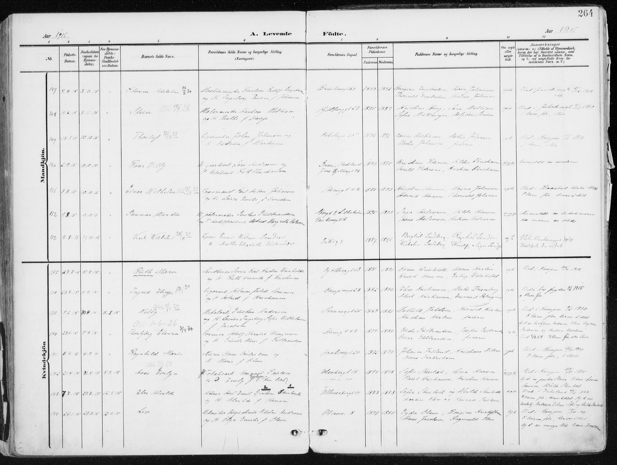 Kampen prestekontor Kirkebøker, AV/SAO-A-10853/F/Fa/L0010: Ministerialbok nr. I 10, 1905-1917, s. 264