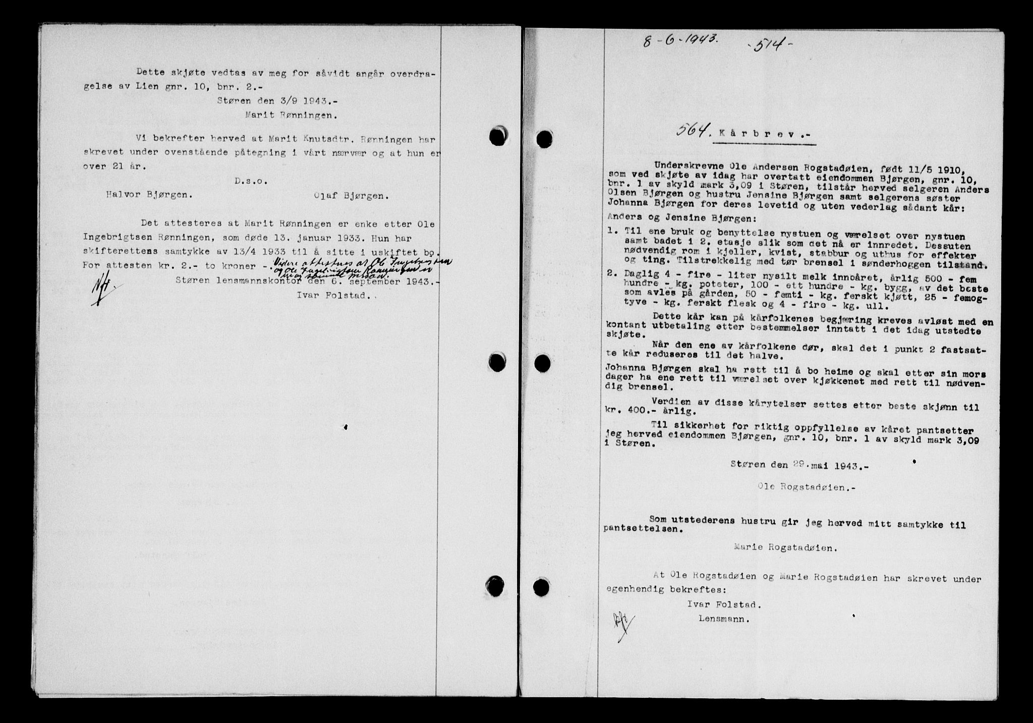 Gauldal sorenskriveri, SAT/A-0014/1/2/2C/L0056: Pantebok nr. 61, 1942-1943, Dagboknr: 564/1943