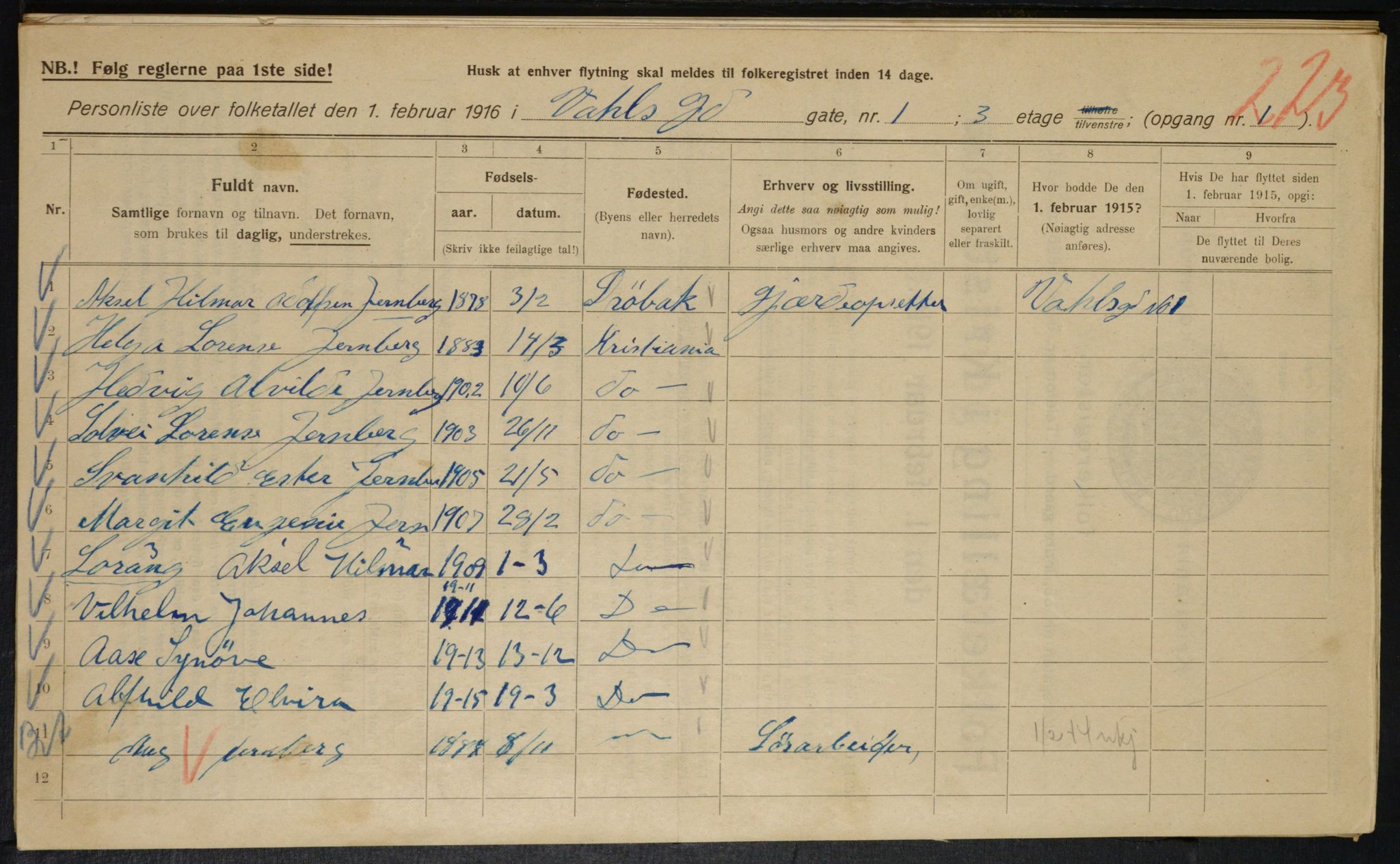 OBA, Kommunal folketelling 1.2.1916 for Kristiania, 1916, s. 125119