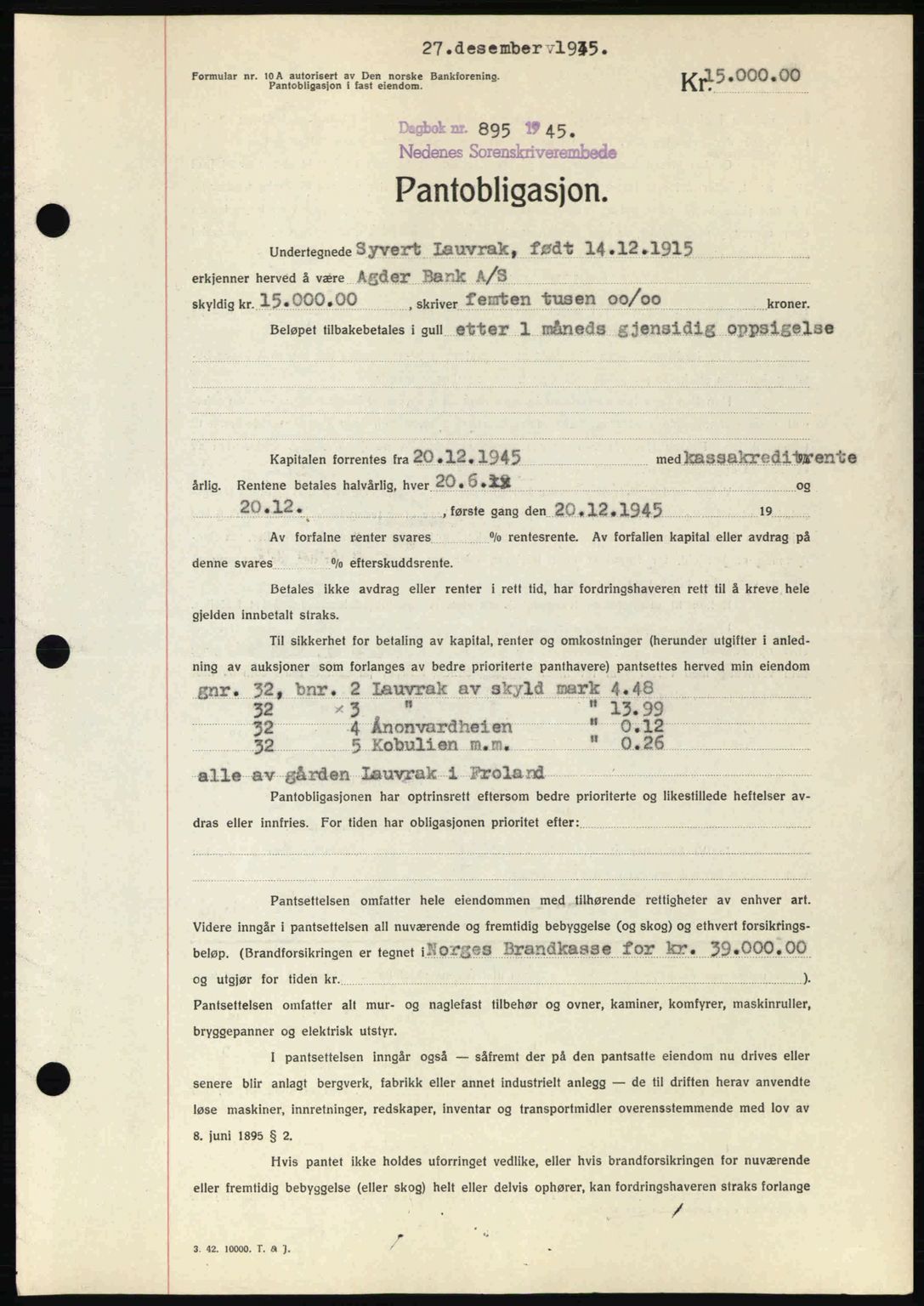 Nedenes sorenskriveri, SAK/1221-0006/G/Gb/Gbb/L0003: Pantebok nr. B3a, 1945-1945, Dagboknr: 895/1945