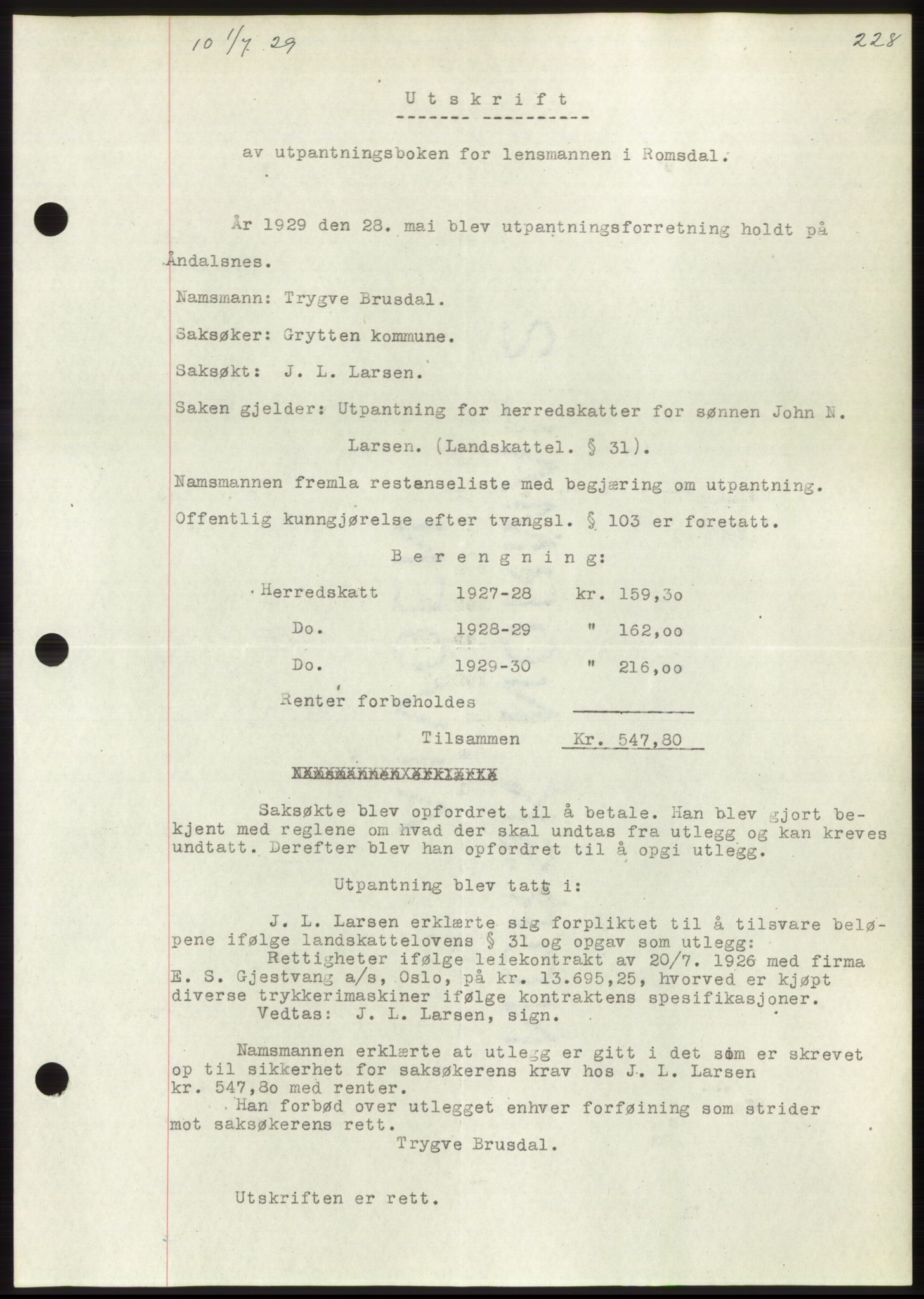 Romsdal sorenskriveri, AV/SAT-A-4149/1/2/2C/L0056: Pantebok nr. 50, 1929-1929, Tingl.dato: 01.07.1929