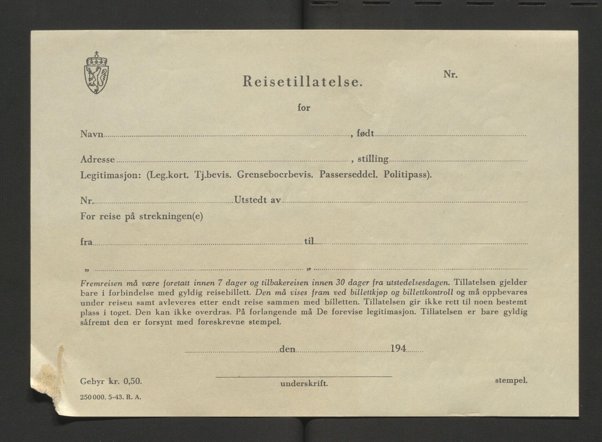 Glemmen lensmannskontor, AV/SAO-A-10123/I/Ic/Ica/L0002: Protokoll over utstedte nordiske reisekort (1939-1940) og utstedte reisetillatelser med jernbanen (1943), 1939-1943