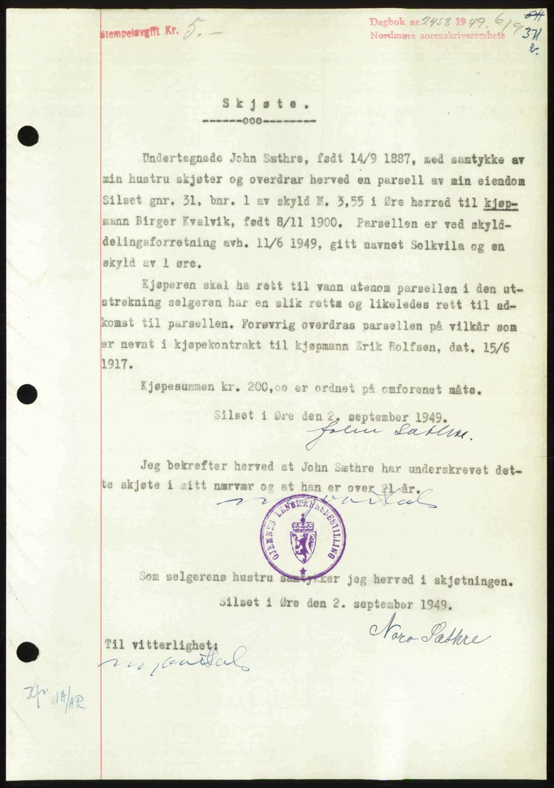 Nordmøre sorenskriveri, SAT/A-4132/1/2/2Ca: Pantebok nr. A112, 1949-1949, Dagboknr: 2458/1949