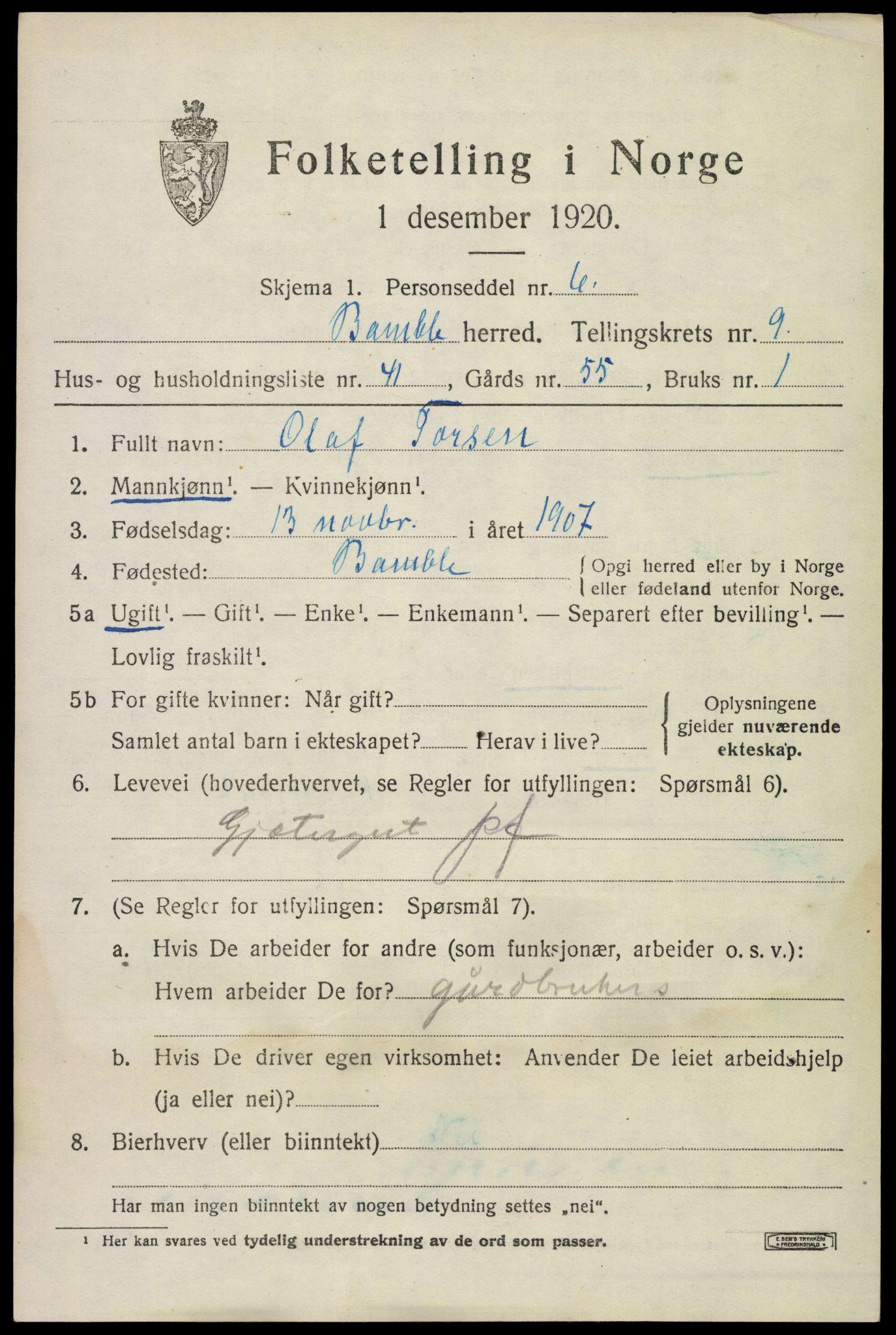 SAKO, Folketelling 1920 for 0814 Bamble herred, 1920, s. 8195