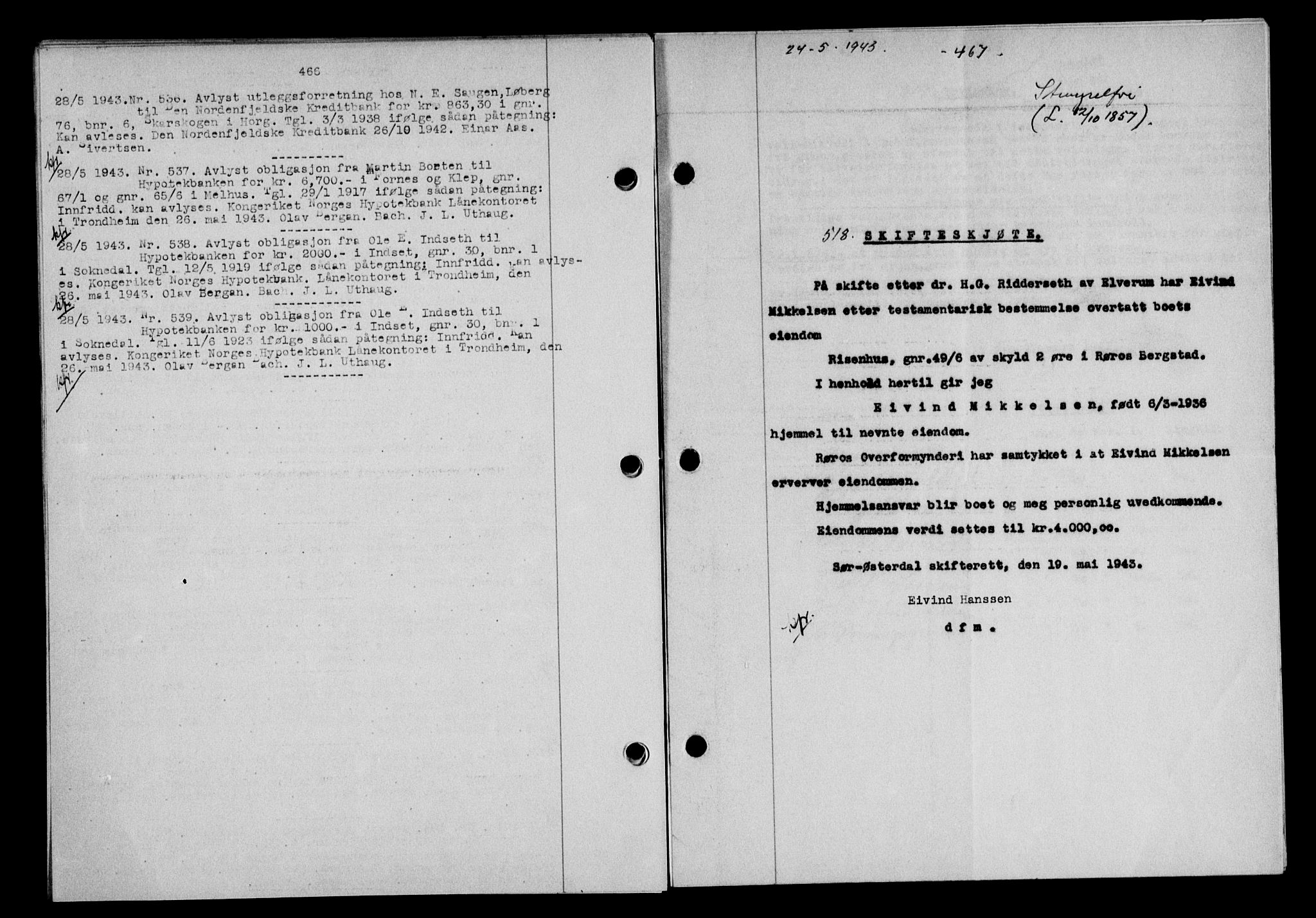 Gauldal sorenskriveri, SAT/A-0014/1/2/2C/L0056: Pantebok nr. 61, 1942-1943, Dagboknr: 518/1943