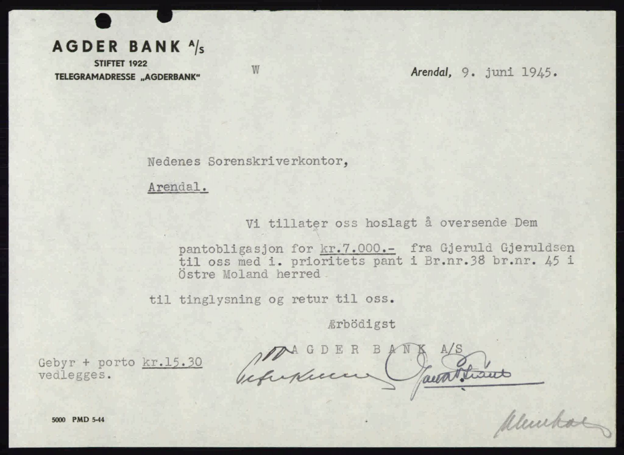 Nedenes sorenskriveri, SAK/1221-0006/G/Gb/Gba/L0052: Pantebok nr. A6a, 1944-1945, Dagboknr: 377/1945