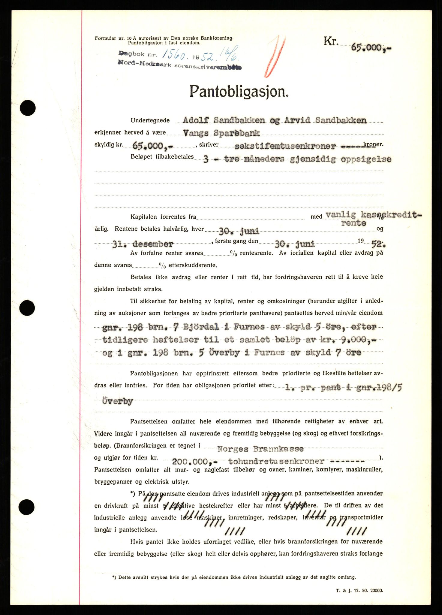 Nord-Hedmark sorenskriveri, SAH/TING-012/H/Hb/Hbf/L0025: Pantebok nr. B25, 1952-1952, Dagboknr: 1560/1952
