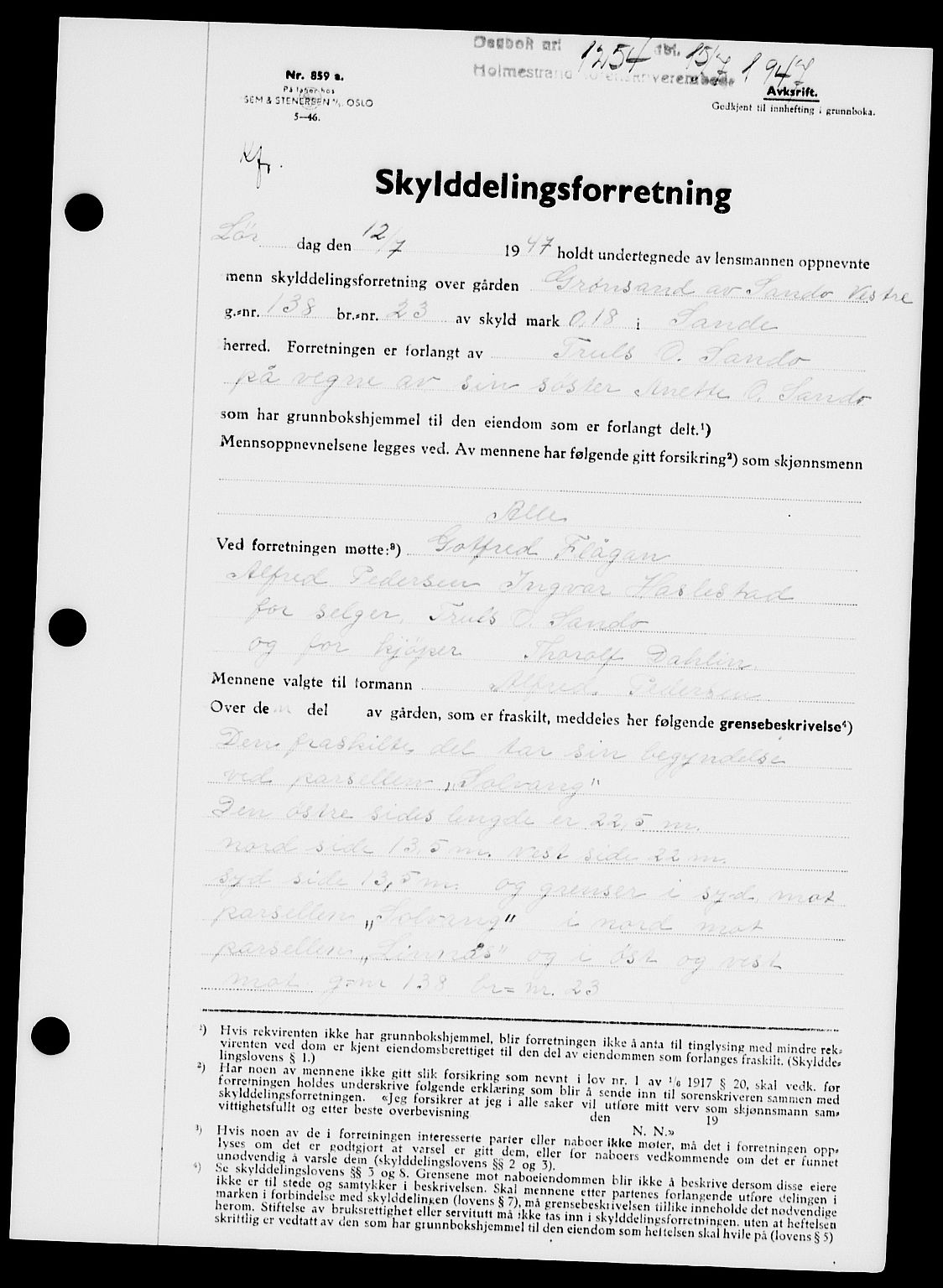 Holmestrand sorenskriveri, SAKO/A-67/G/Ga/Gaa/L0062: Pantebok nr. A-62, 1947-1947, Dagboknr: 1254/1947