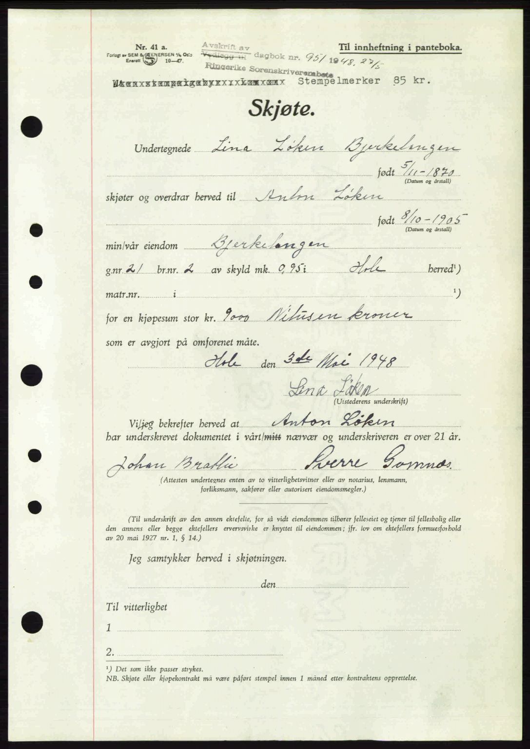 Ringerike sorenskriveri, SAKO/A-105/G/Ga/Gab/L0088: Pantebok nr. A-19, 1948-1948, Dagboknr: 951/1948